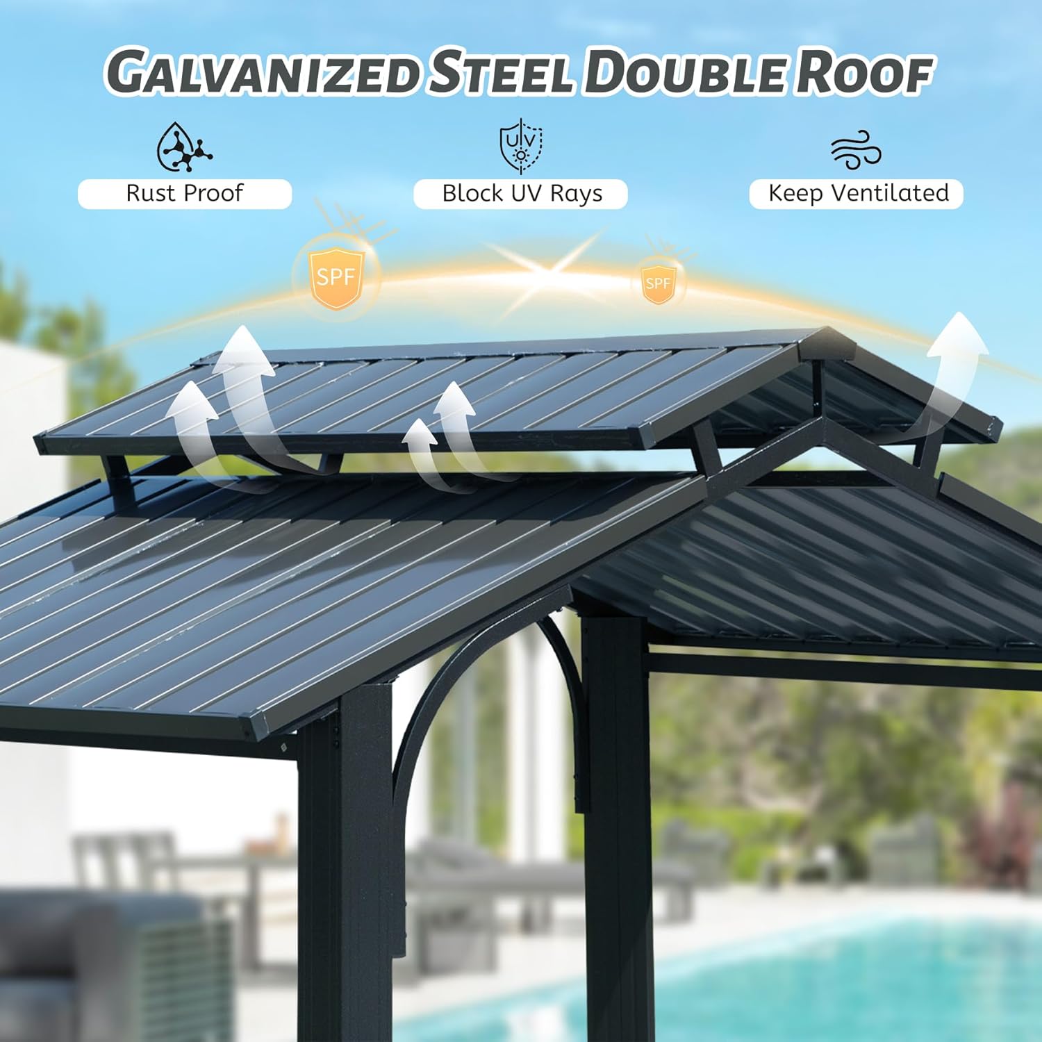 Dark gray galvanized steel double roof gazebo with rust proof UV protection and ventilation