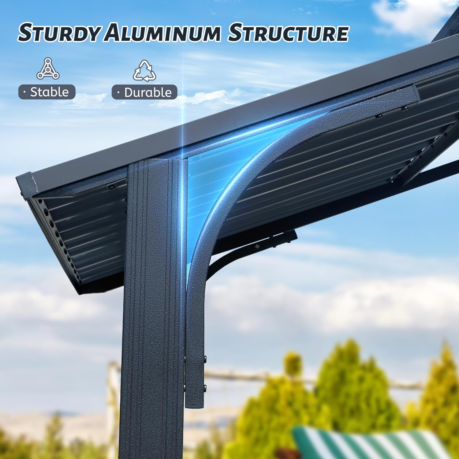 Closeup of a dark gray aluminum gazebo frame showing its sturdy and stable construction