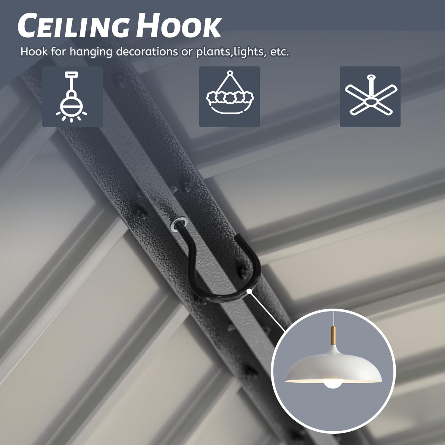 Heavyduty ceiling hook with a black finish ideal for hanging lamps