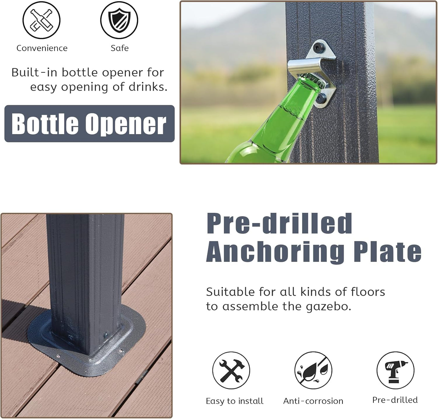 Metal bottle opener attached to gazebo post opening a green glass bottle
