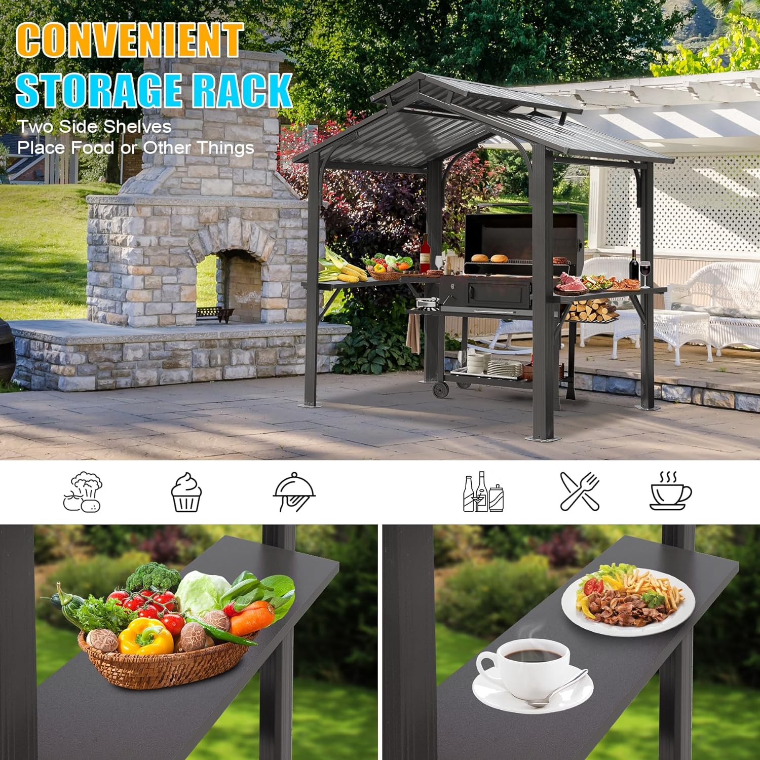 Dark gray metal barbecue grill shelter with a peaked roof and side shelves holding food