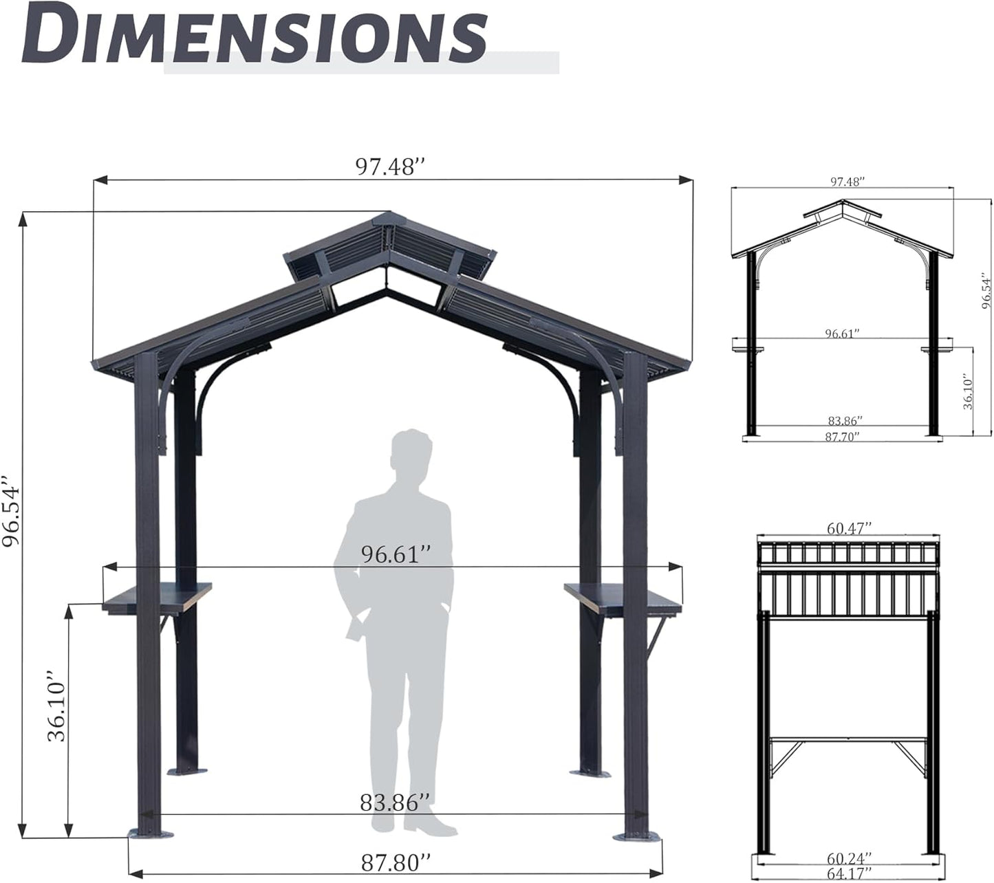 Diagram showing dimensions of a dark gray metal pergola with integrated shelves