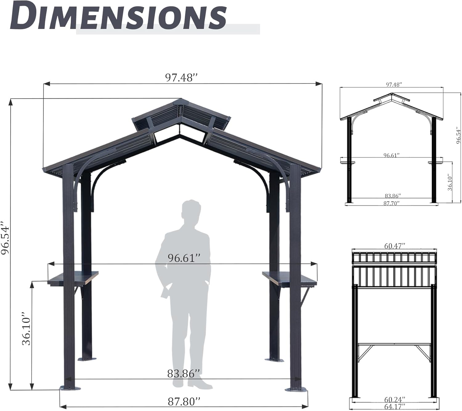 Diagram showing dimensions of a dark gray metal pergola with integrated shelves