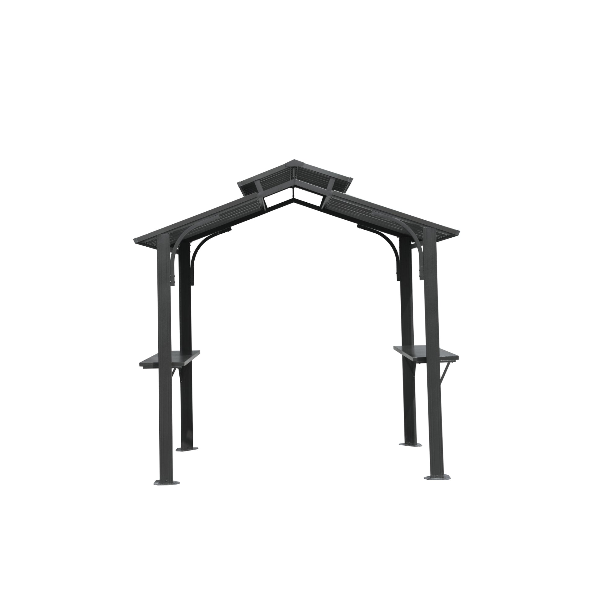 Dark gray metal gazebo with a doubletiered roof and builtin side shelves perfect for outdoor entertaining