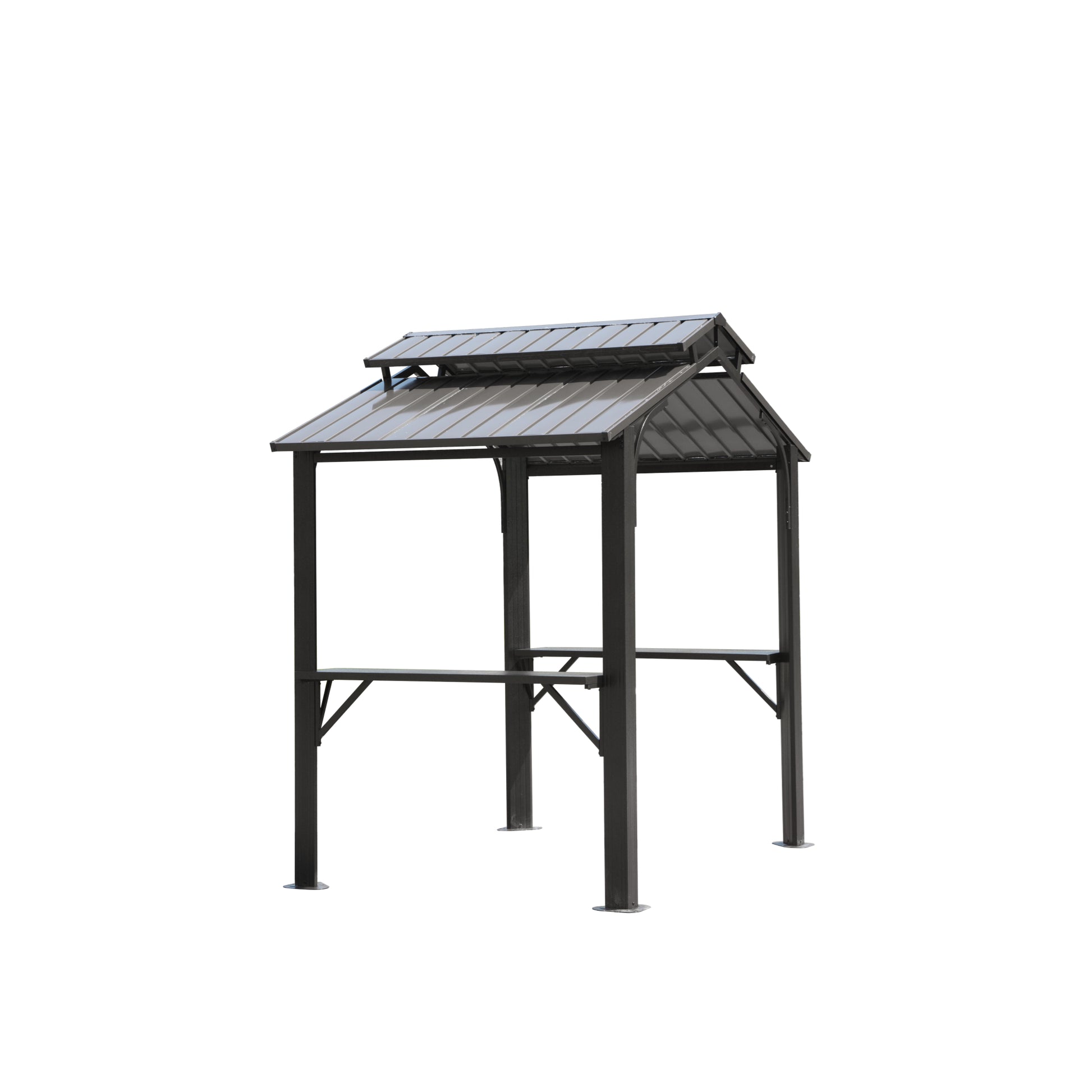 Dark gray metal outdoor grill gazebo with twotier roof and builtin shelves
