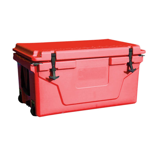 Red portable cooler with durable latches and wheels for easy transport