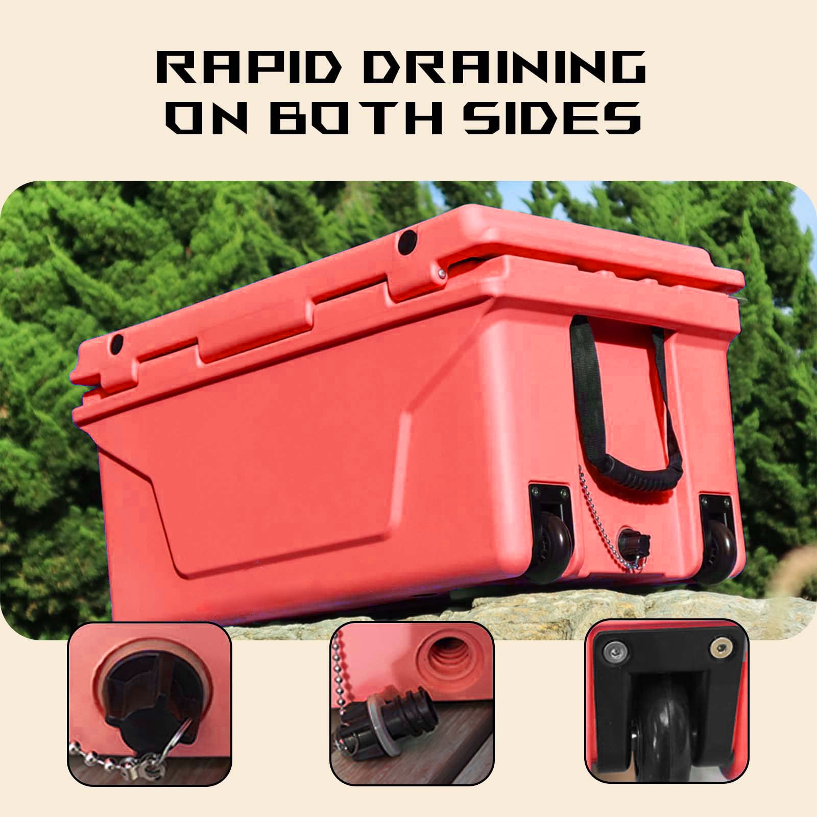 Red durable cooler with wheels and rapid drain plug