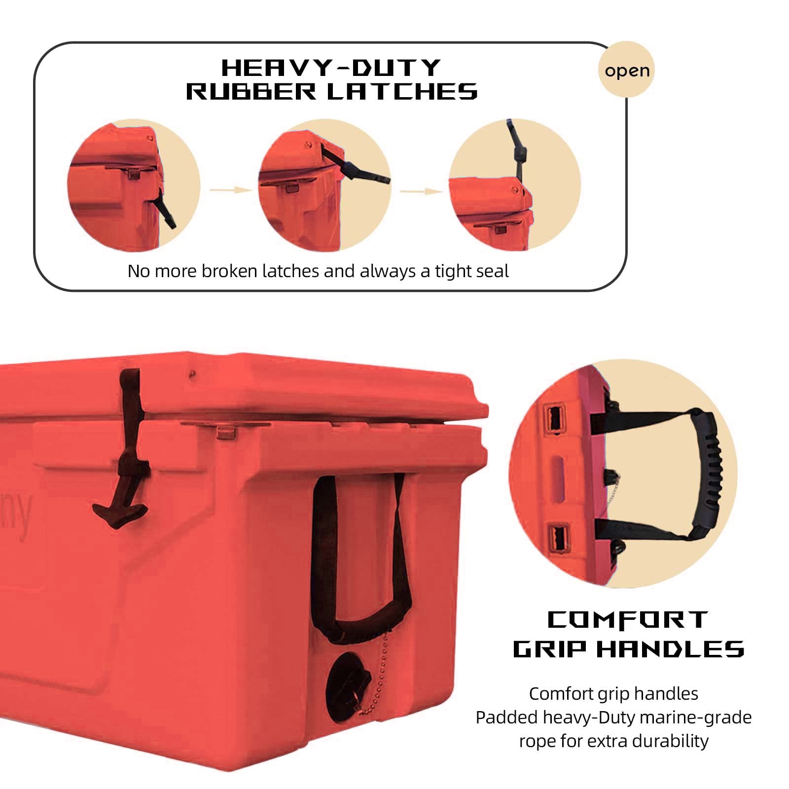 Red hardshell cooler with heavyduty rubber latches for secure closure