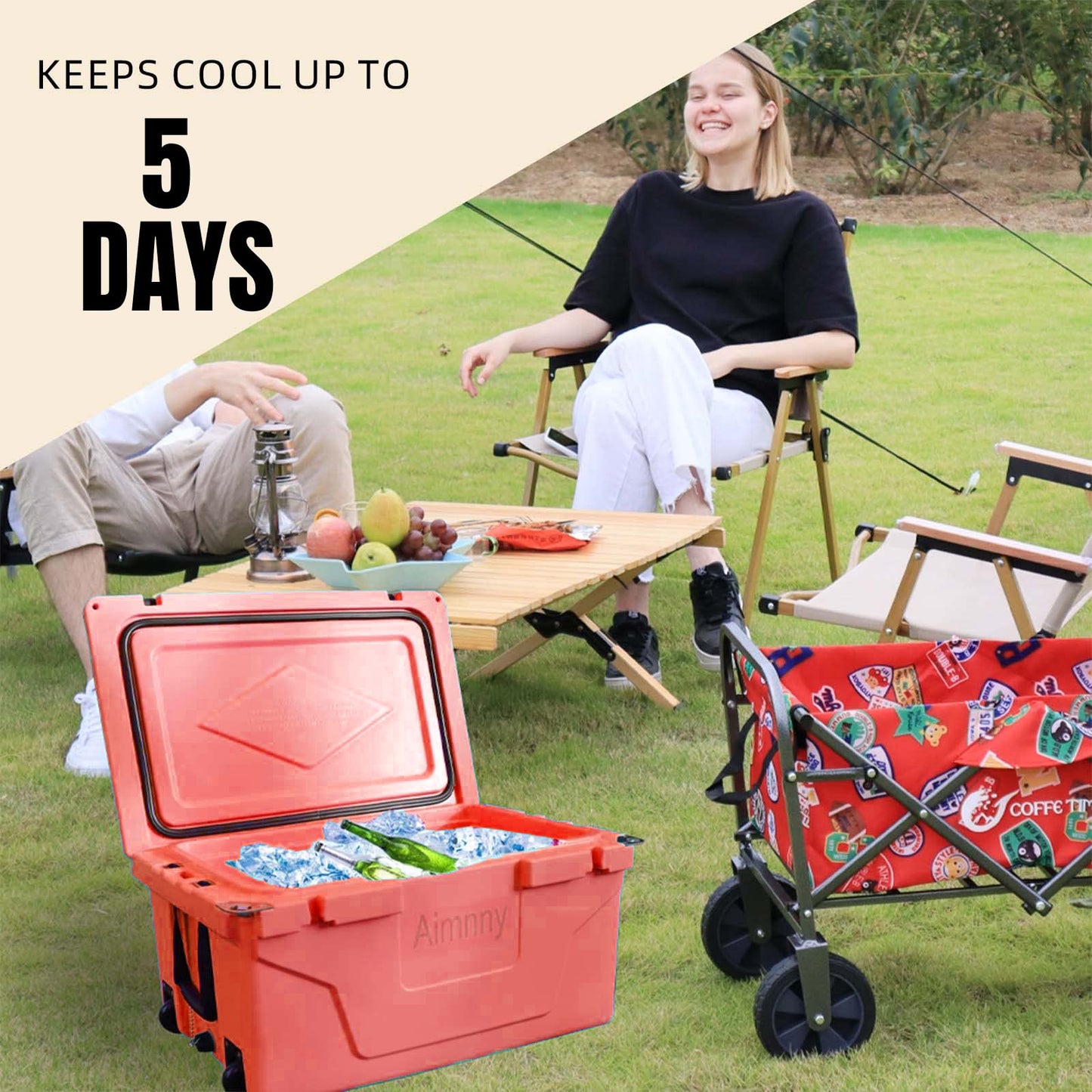 Coral red cooler with ice and bottles for outdoor adventures