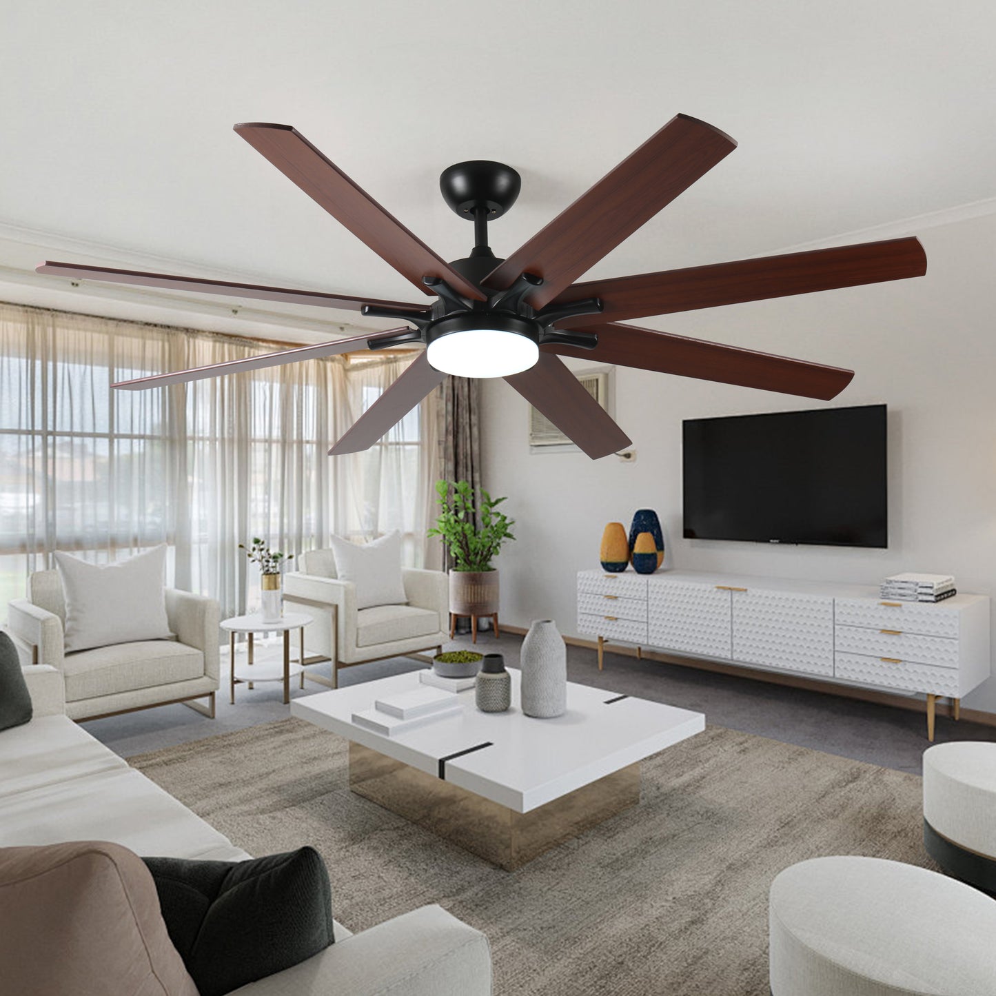 Modern blade dark wood ceiling fan with integrated LED light for living room comfort