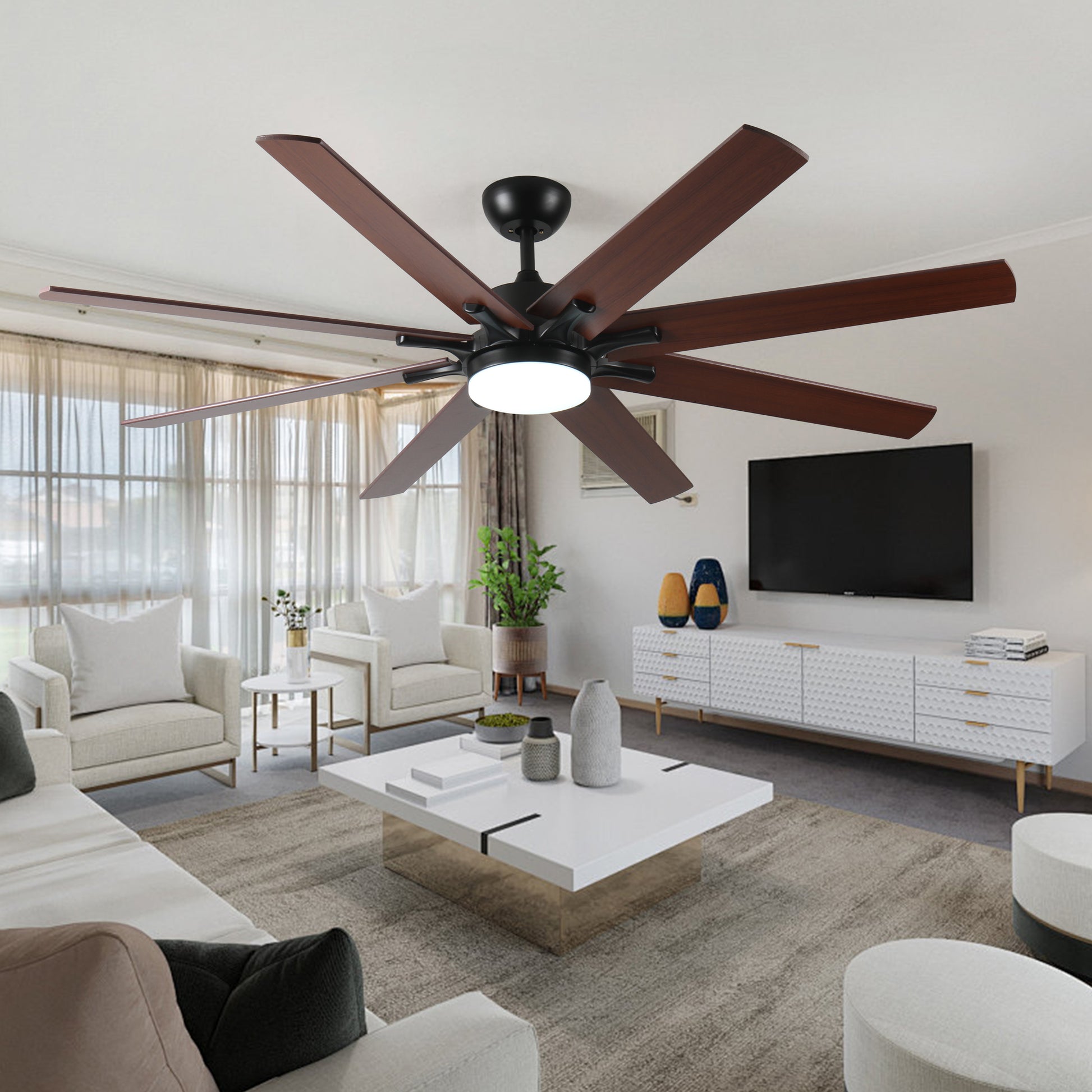 Modern blade dark wood ceiling fan with integrated LED light for living room comfort