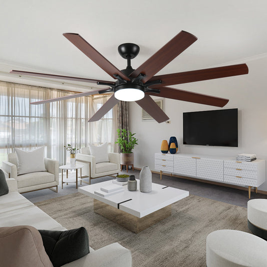 Modern blade dark wood ceiling fan with integrated LED light for living room comfort