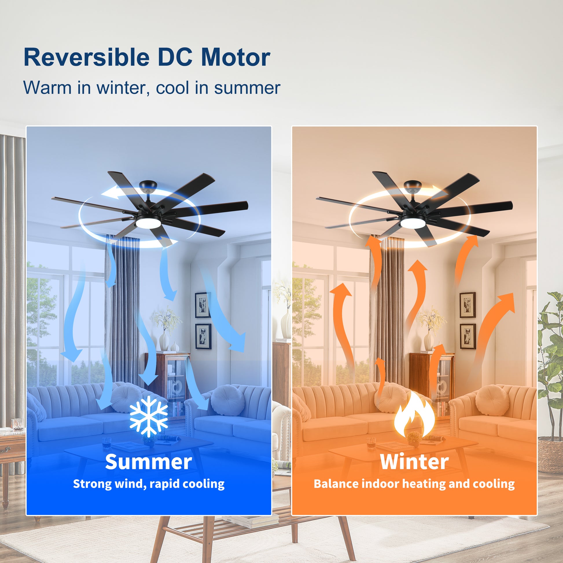 Black blade reversible DC motor ceiling fan with integrated LED light