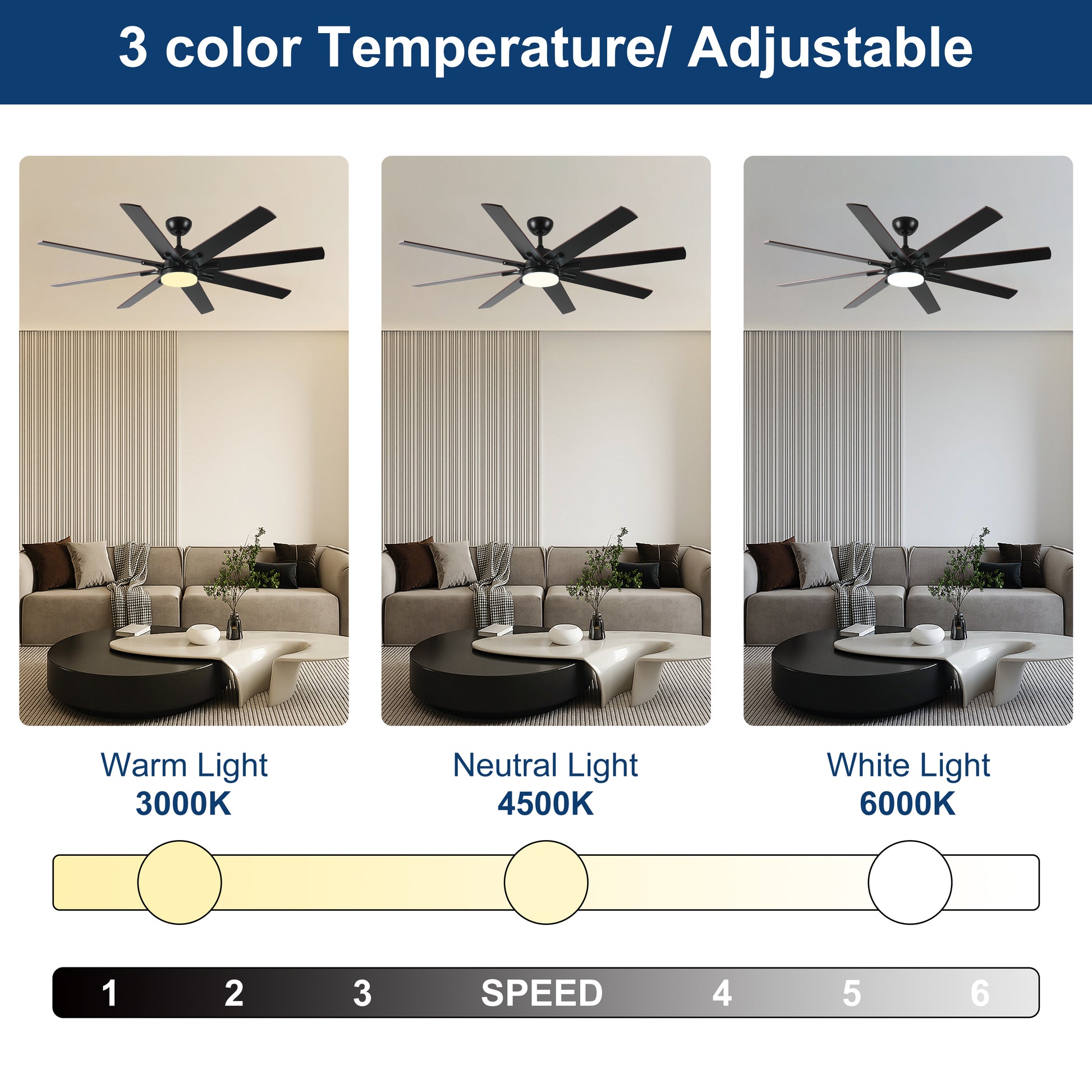 Black blade ceiling fan with adjustable light temperature K warm