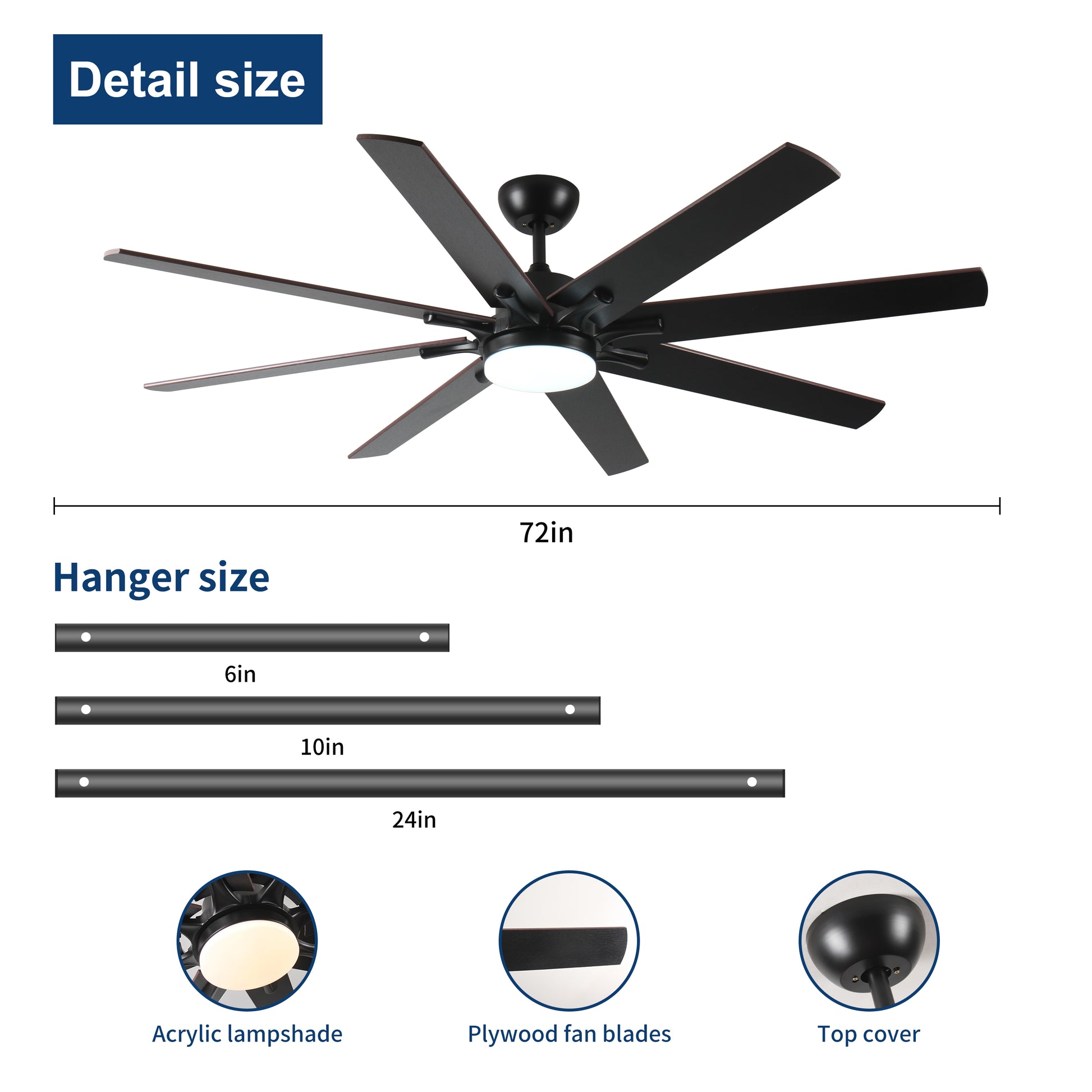 Large black ceiling fan with  plywood blades and integrated LED light inch span