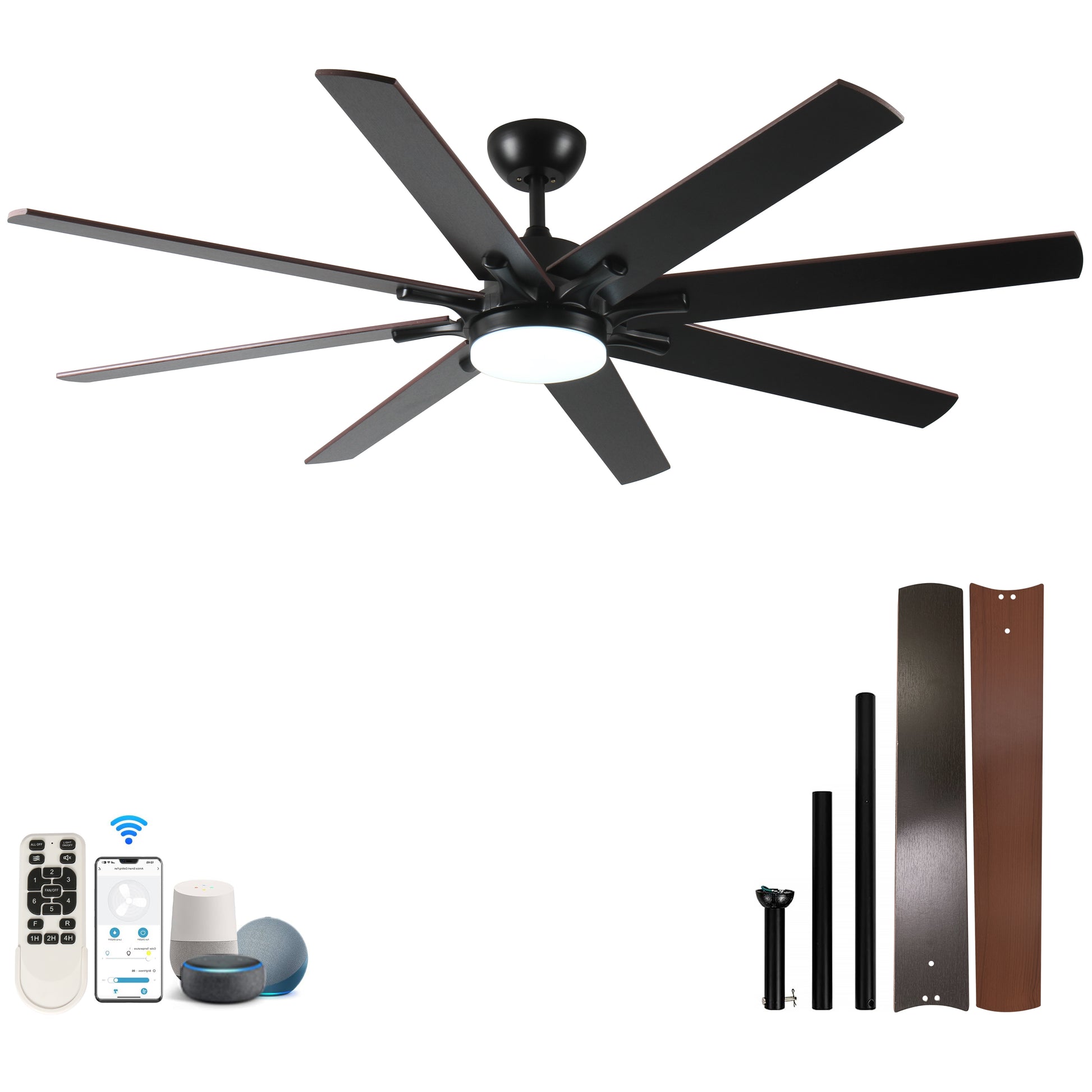 Black blade ceiling fan with integrated LED light and smart remote control features
