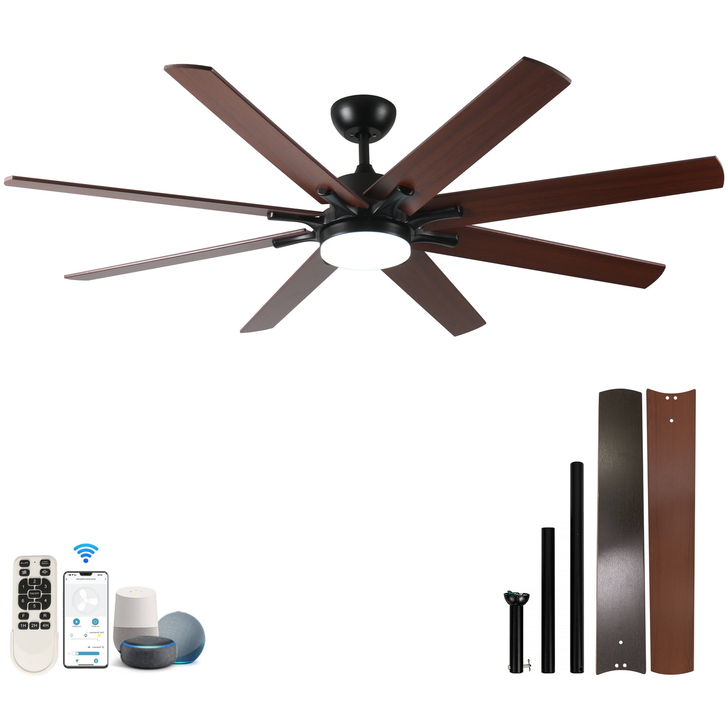 Dark wood finish modern ceiling fan with integrated LED light and remote control