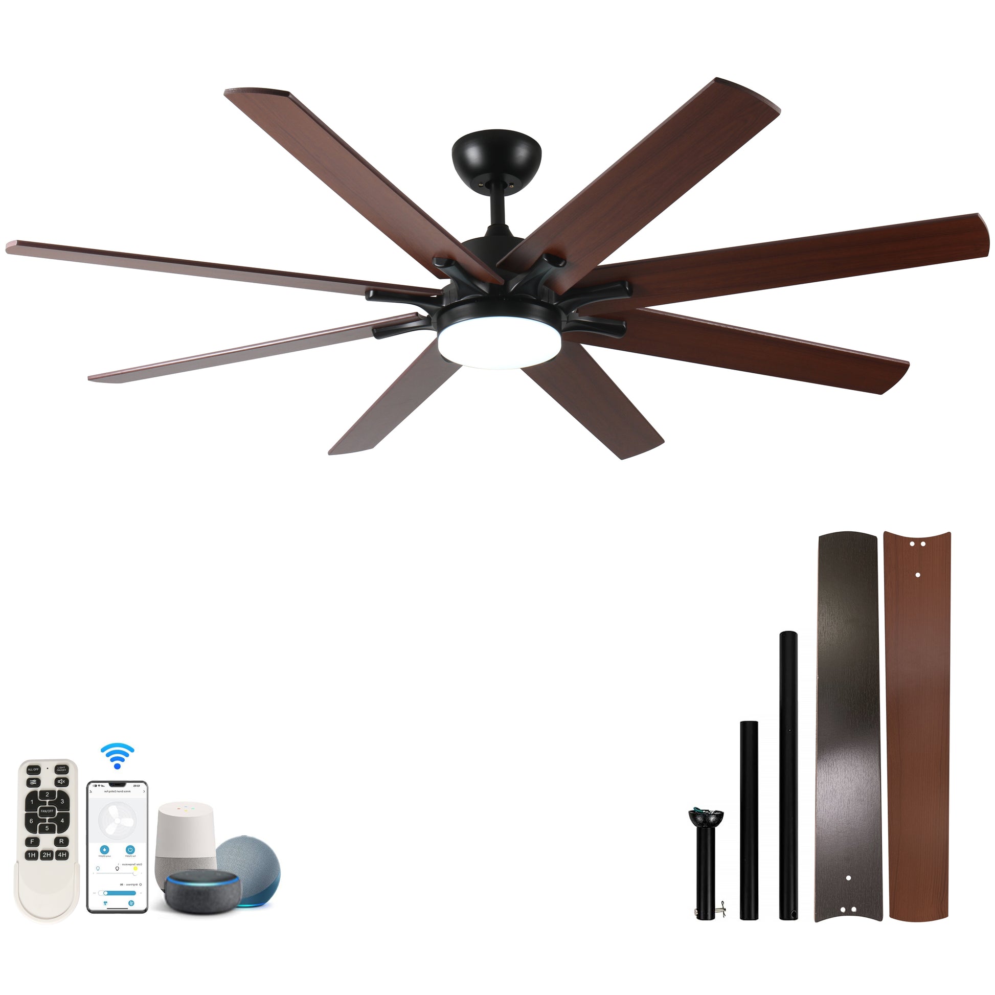 Dark wood finish modern ceiling fan with integrated LED light and remote control