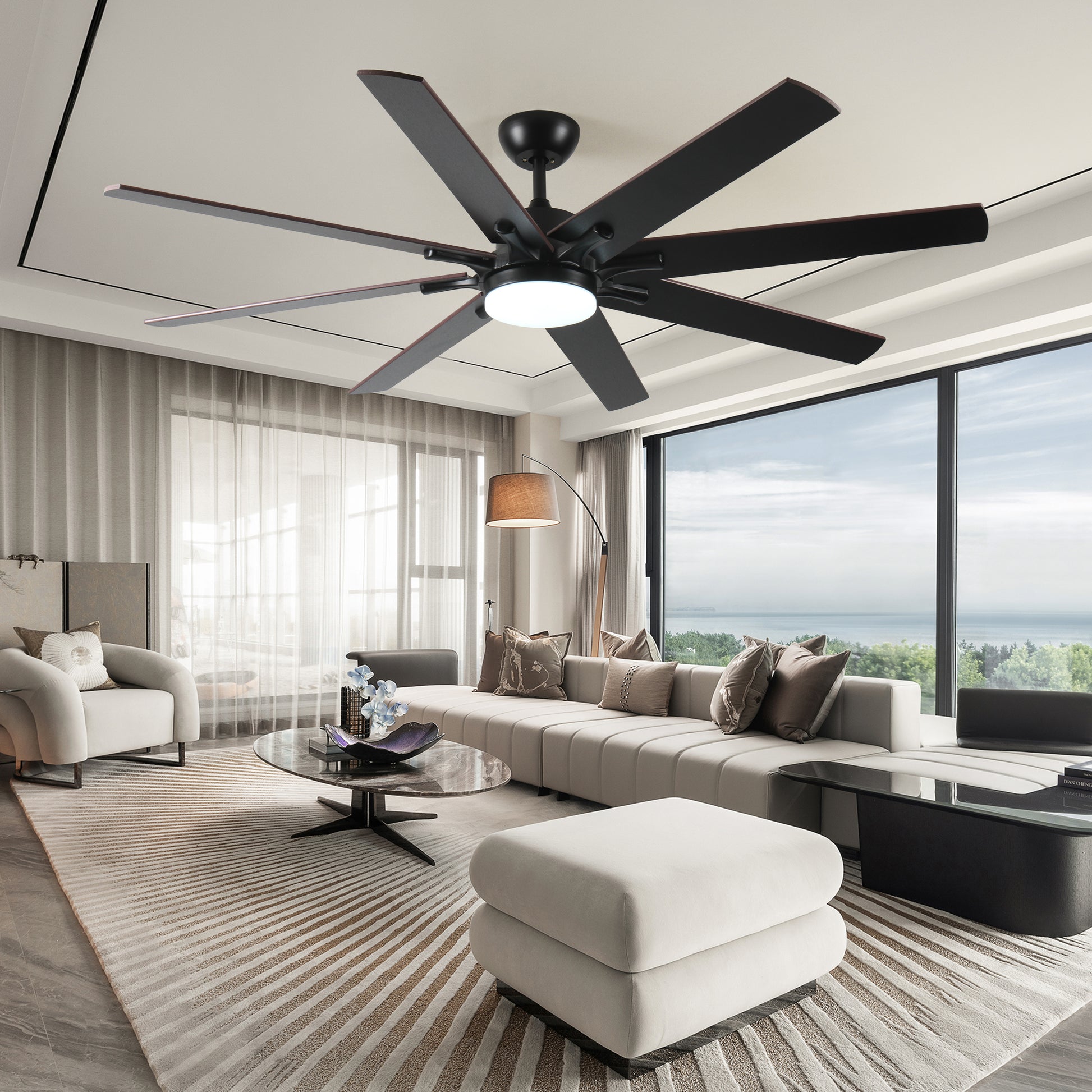 Modern black ceiling fan with  woodgrain blades and integrated LED light
