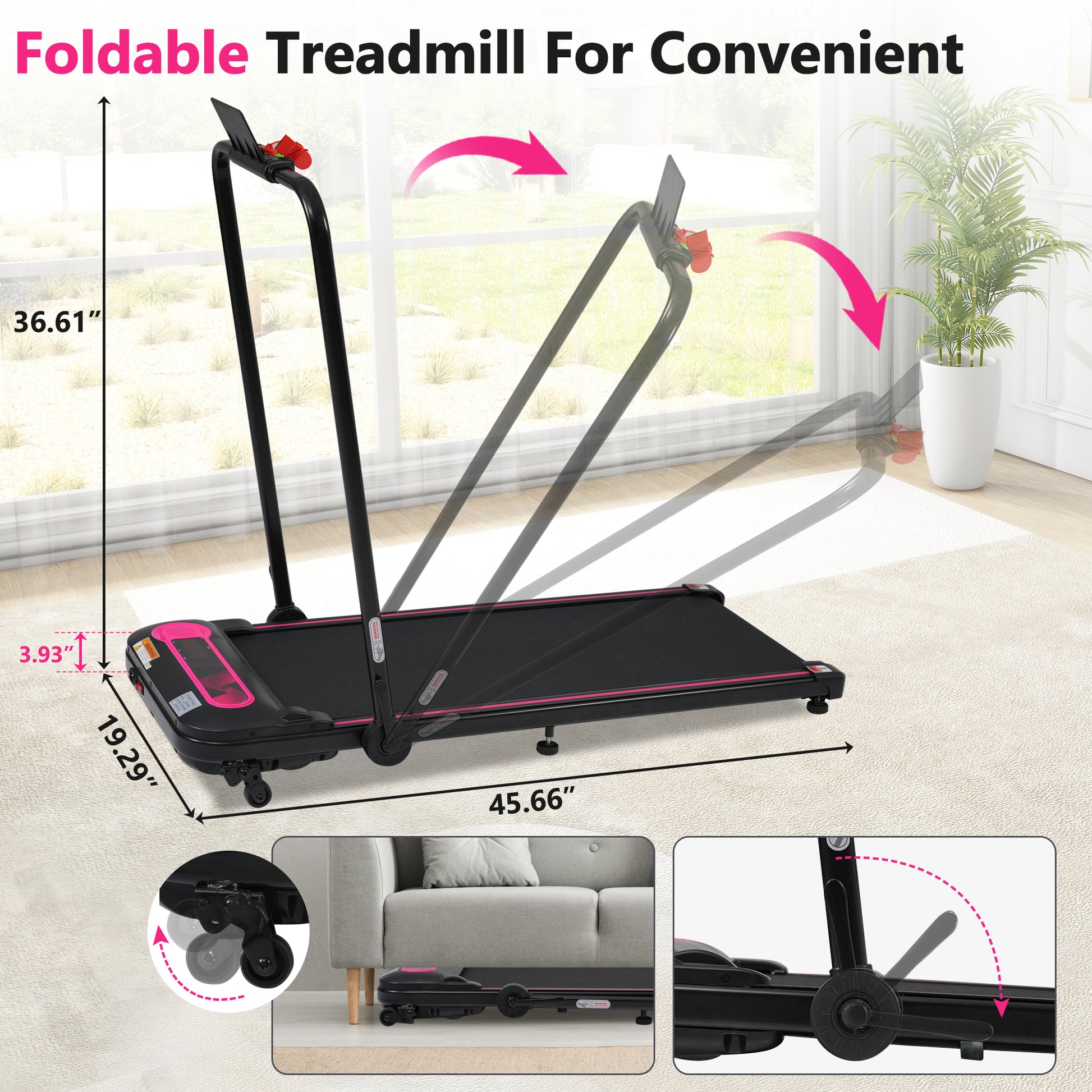 Black foldable treadmill with pink accents ideal for home workouts