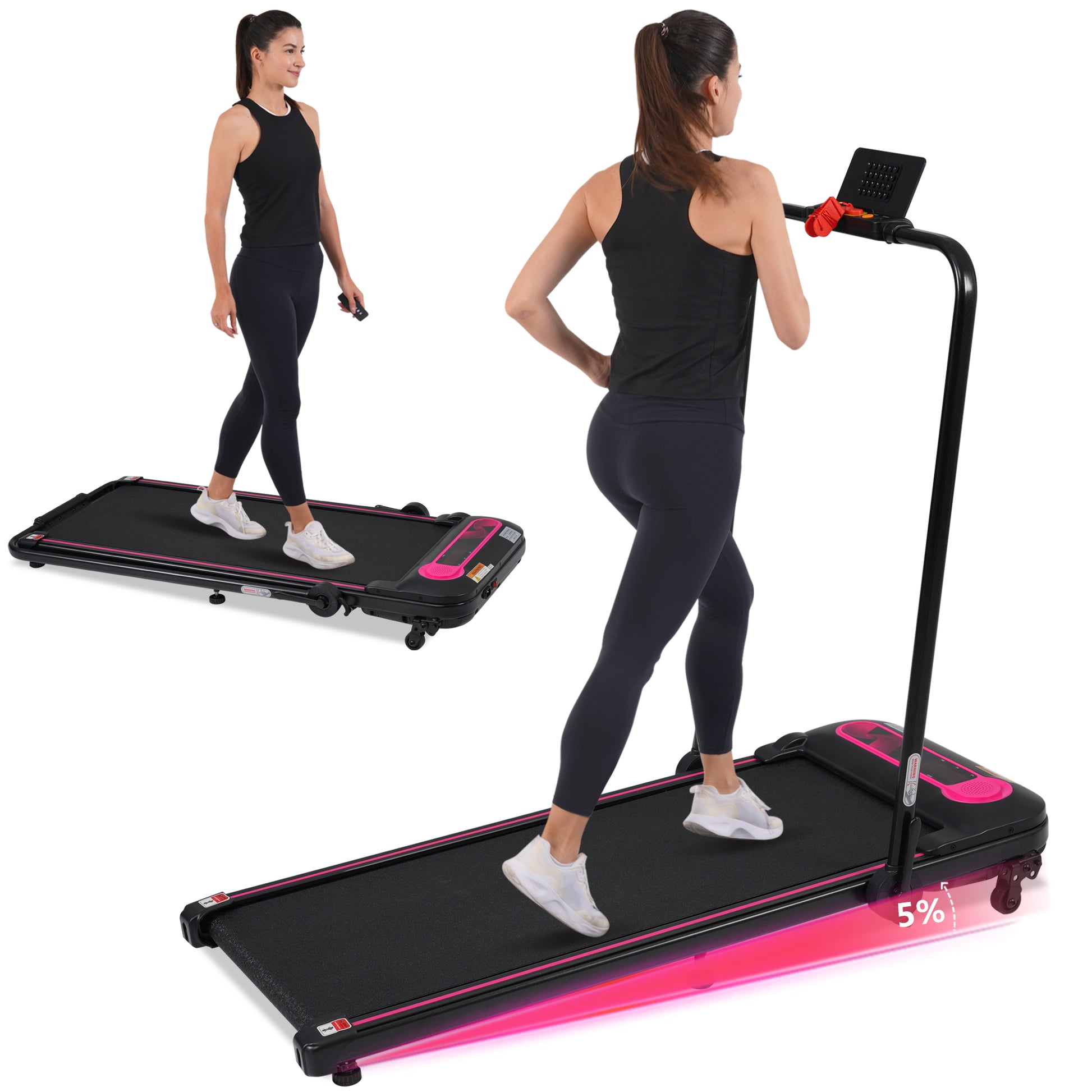 Compact black treadmill with pink accents and a woman running ideal for home workouts