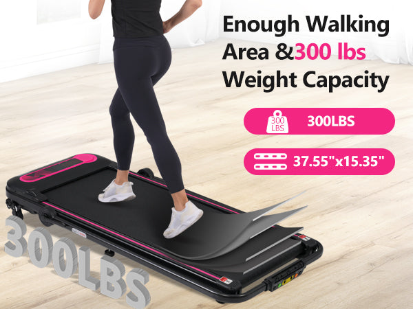 Compact black and pink treadmill with  lbs weight capacity for home workouts