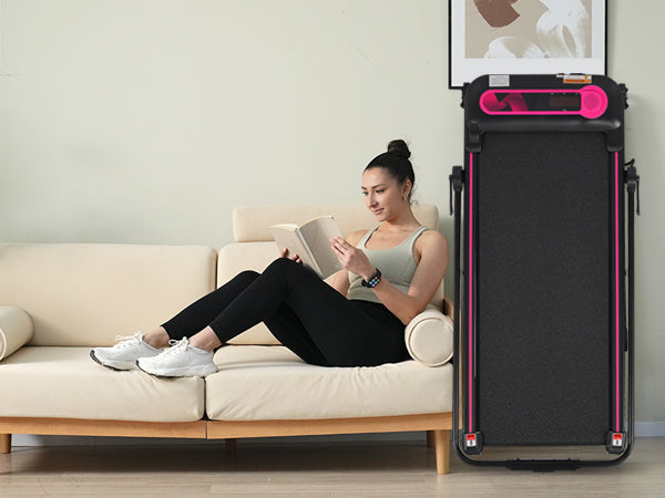 Compact folding treadmill with pink accents ideal for home cardio workouts