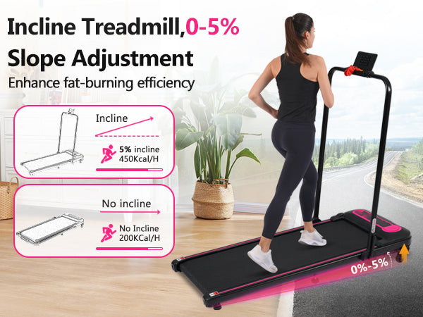 Woman running on an incline treadmill with  slope adjustment for fatburning