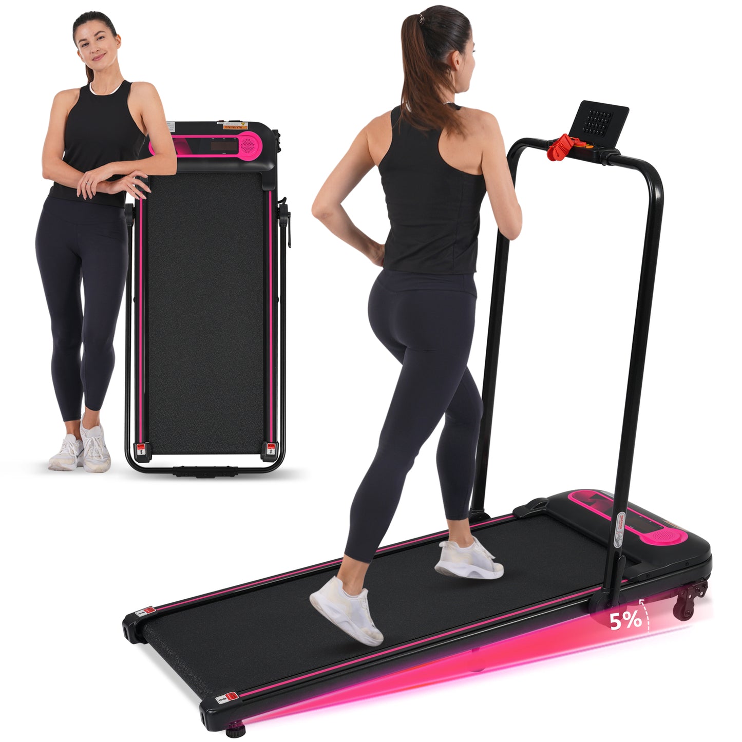 Compact pinkaccented folding treadmill with a woman running ideal for home workouts