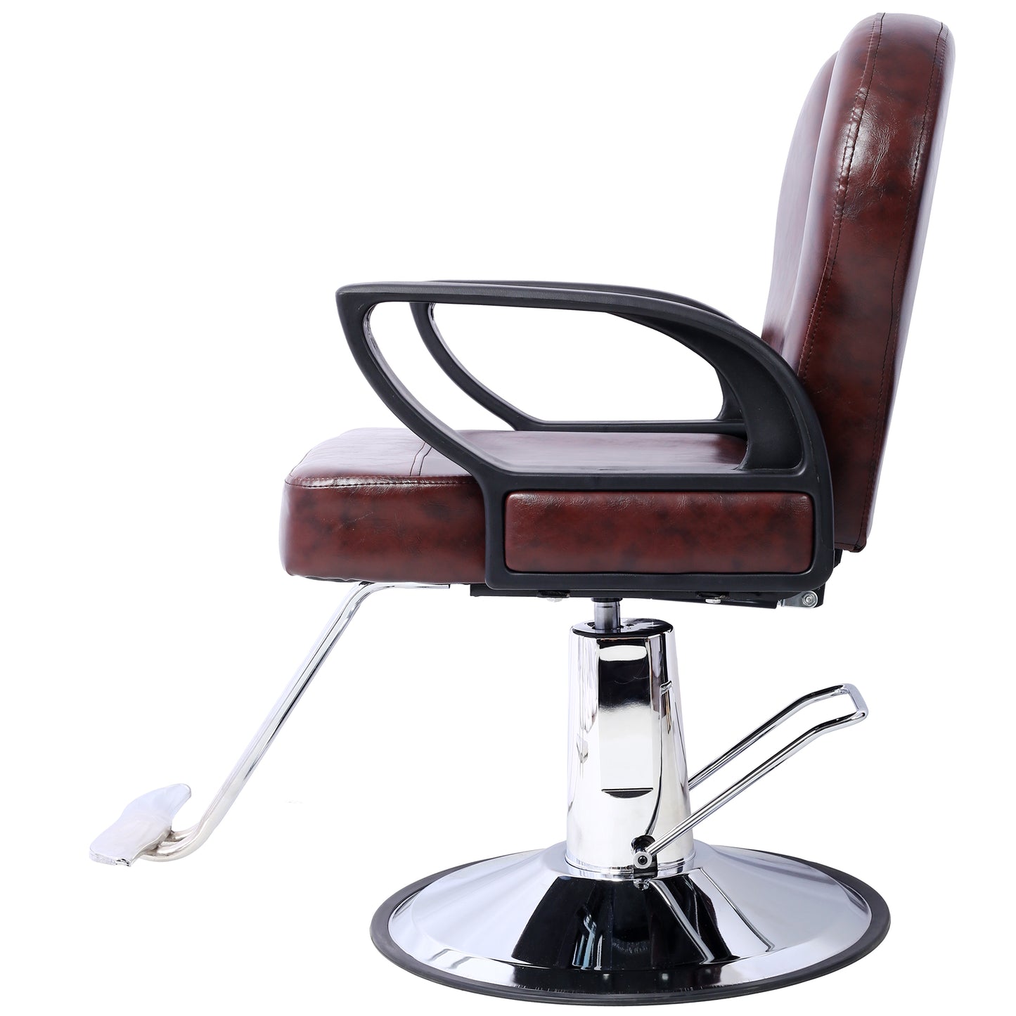 Brown leather salon chair with adjustable height and chrome base