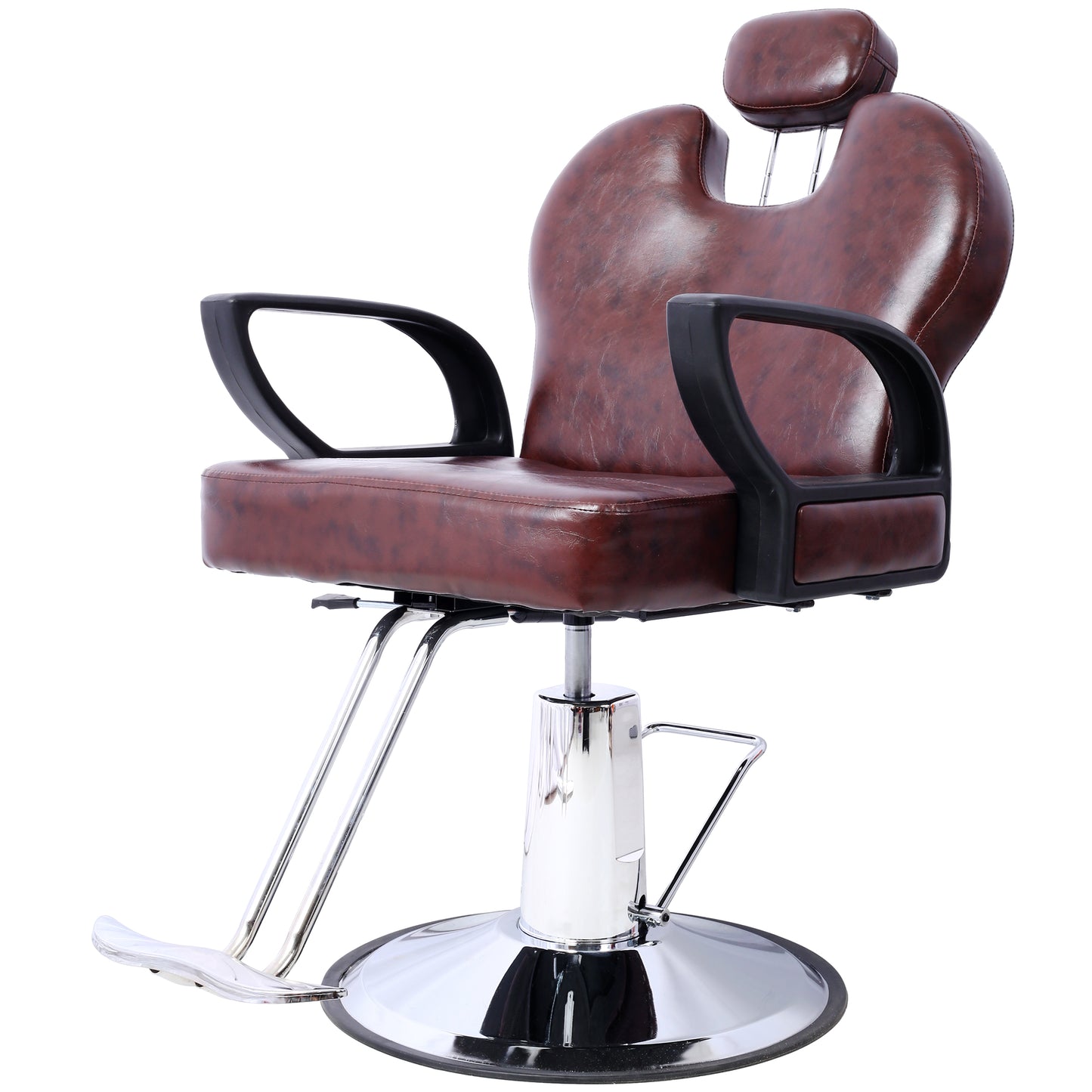 Brown leather barber chair with adjustable headrest and chrome base