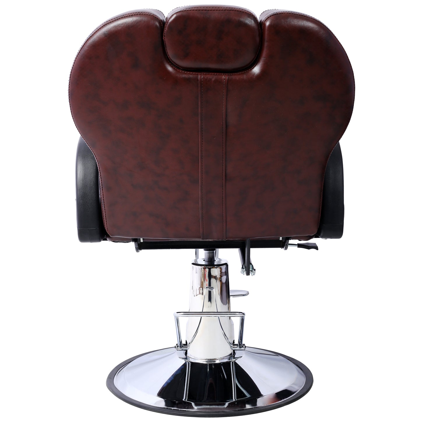 Back view of a brown leather barber chair with a chrome base for salon use