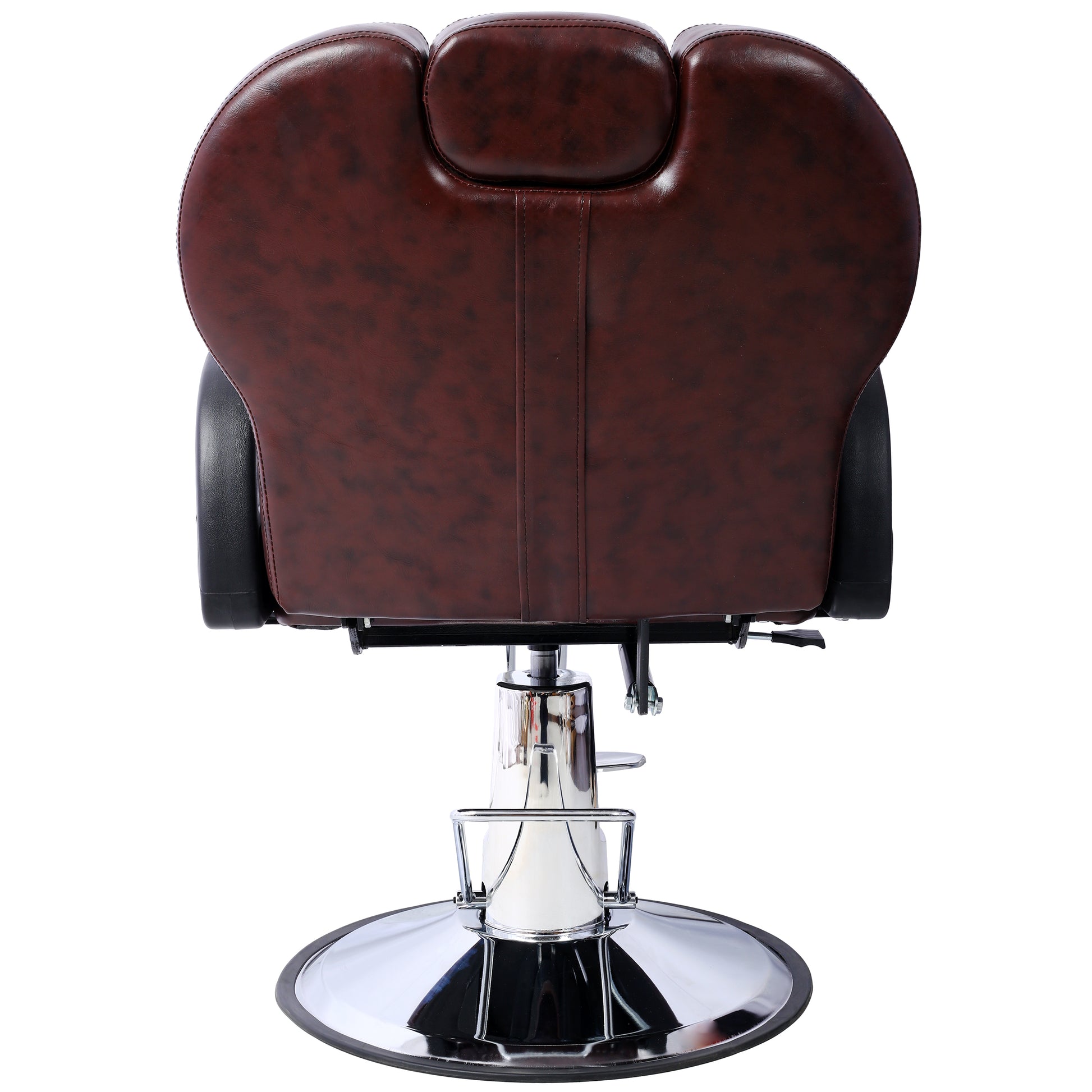 Back view of a brown leather barber chair with a chrome base for salon use