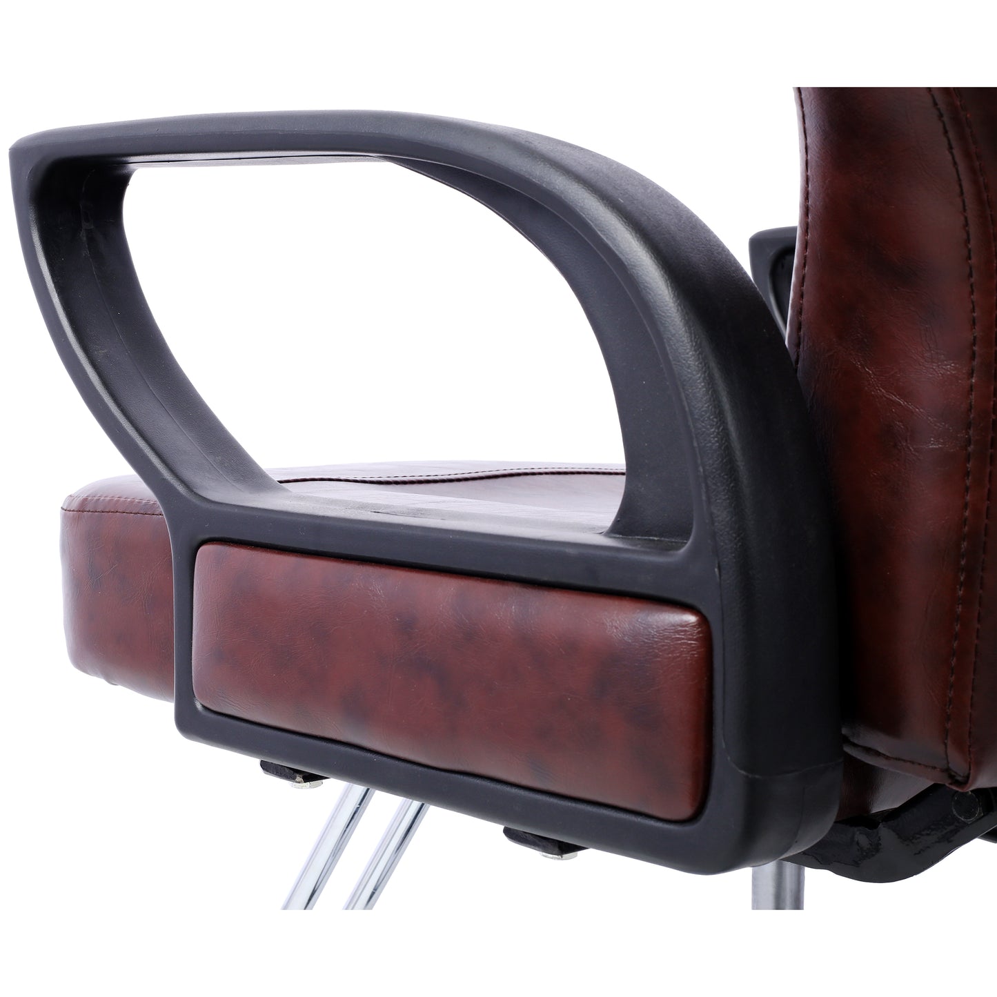 Closeup of a brown leather executive chair armrest with black trim and chrome legs