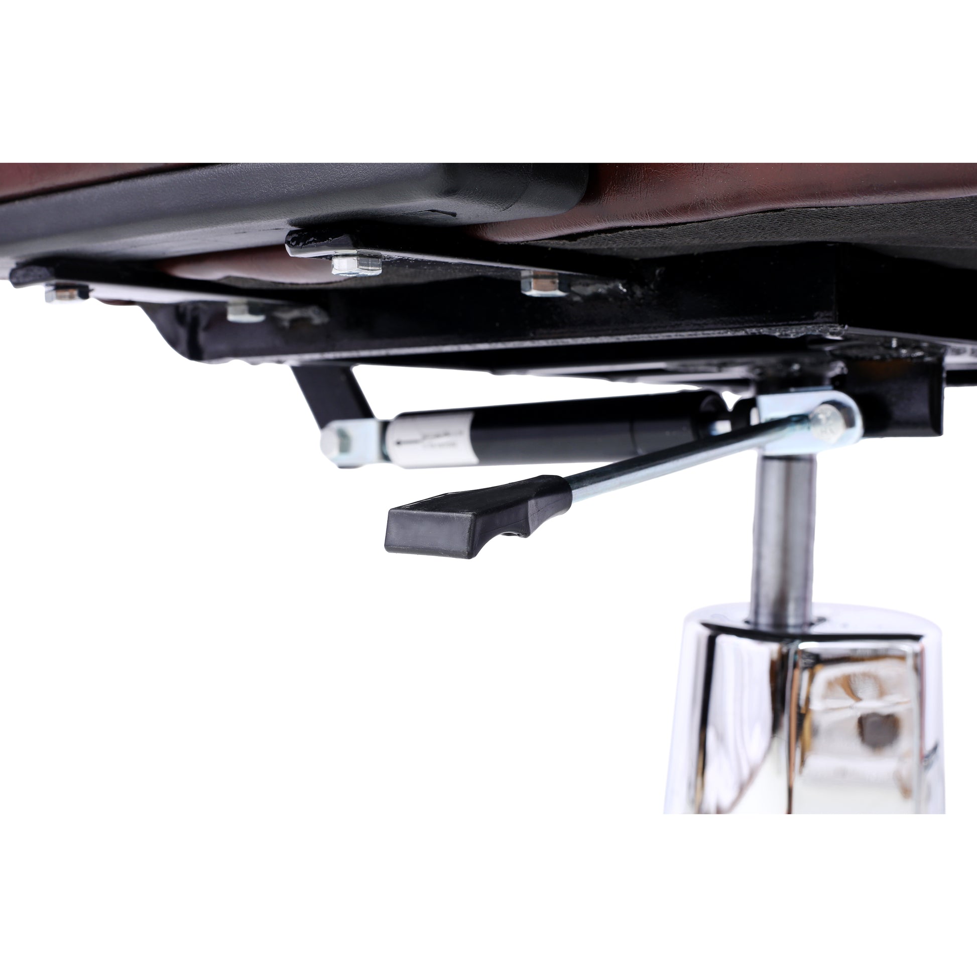 Office chair gas lift mechanism with height adjustment lever and chrome base detail
