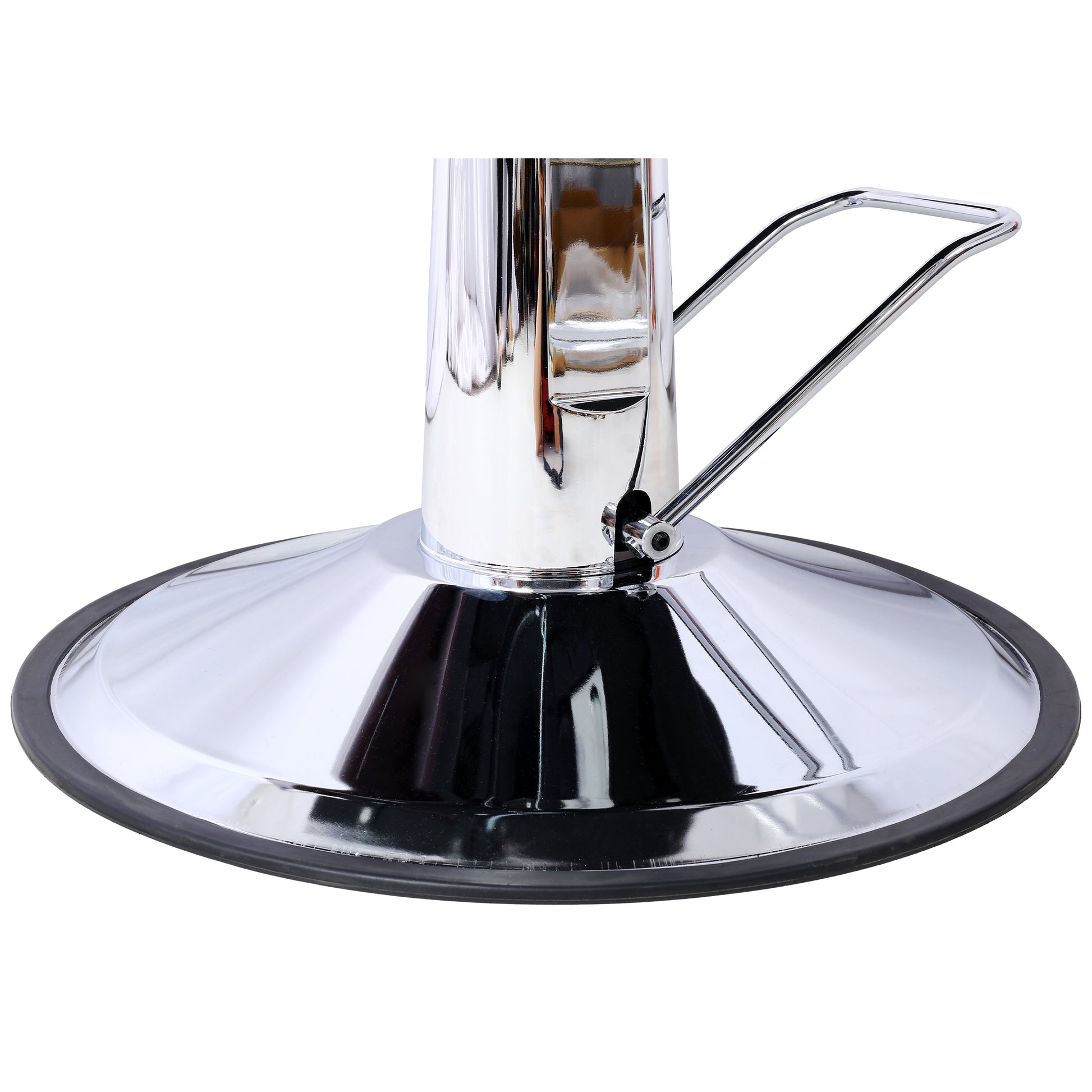 Chrome barber chair base with rubber trim built for salon durability