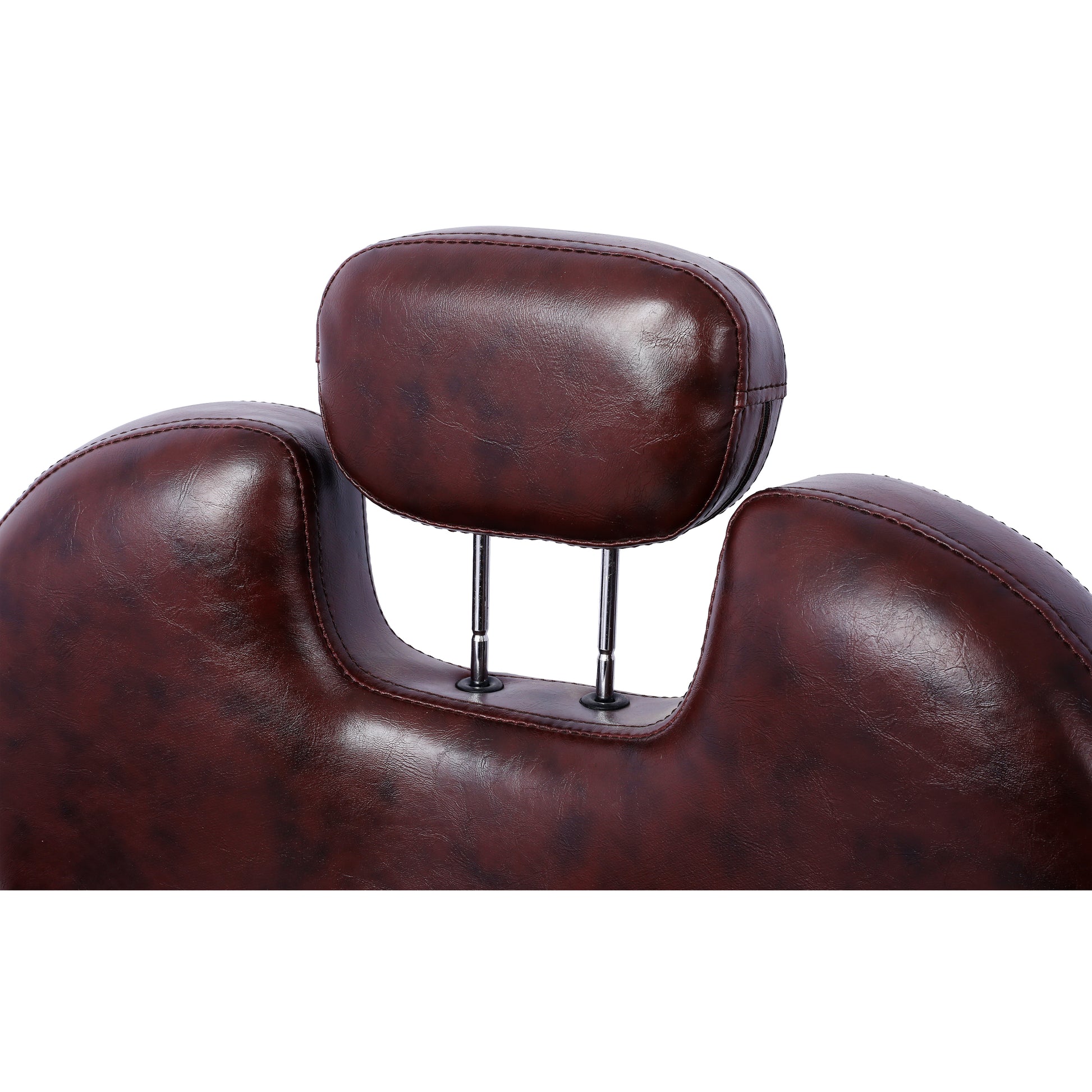 Dark brown faux leather barber chair headrest with adjustable chrome supports