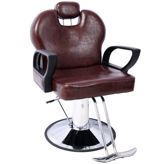 Brown leather barber chair with adjustable headrest and chrome base