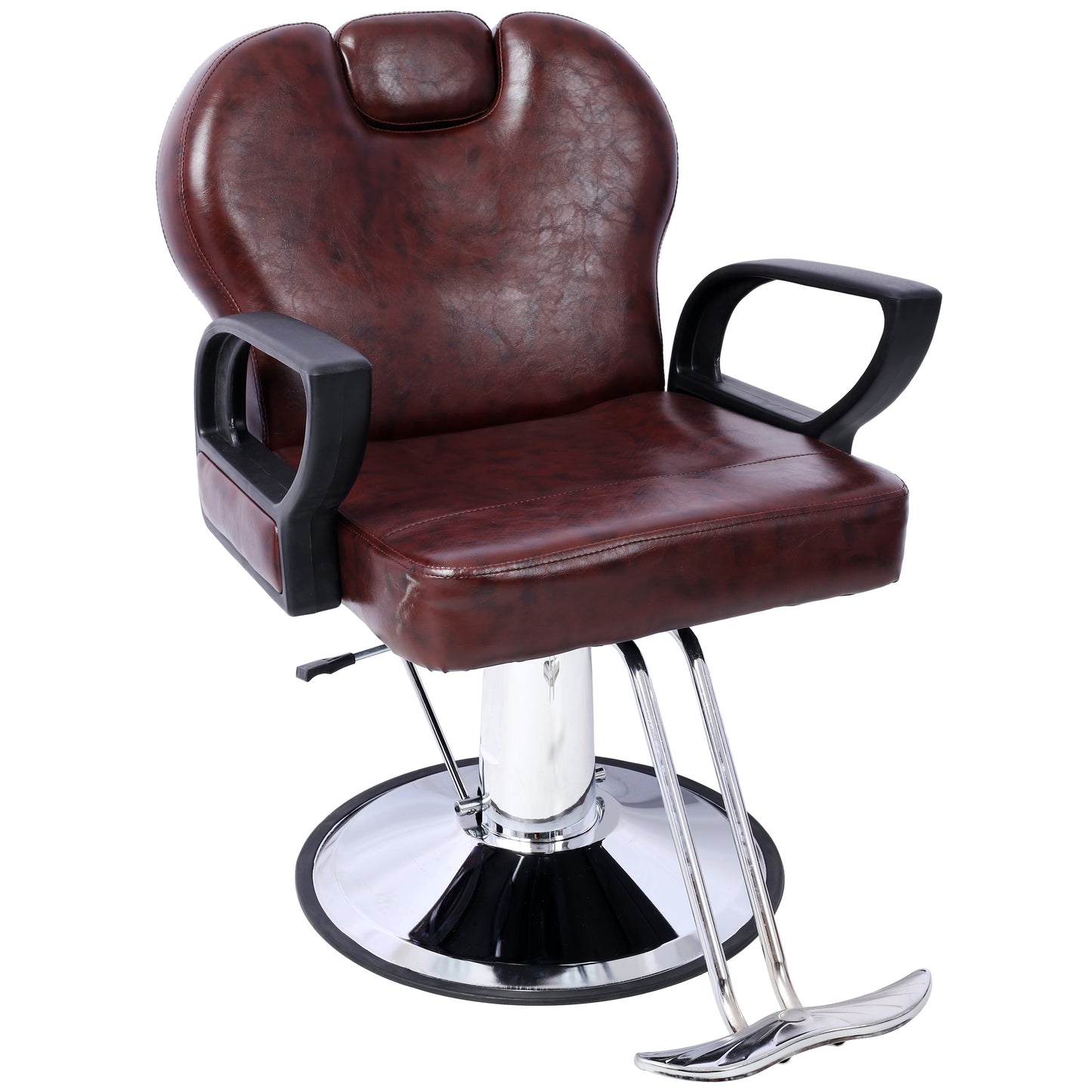 Rich brown leather barber chair with chrome base and black armrests