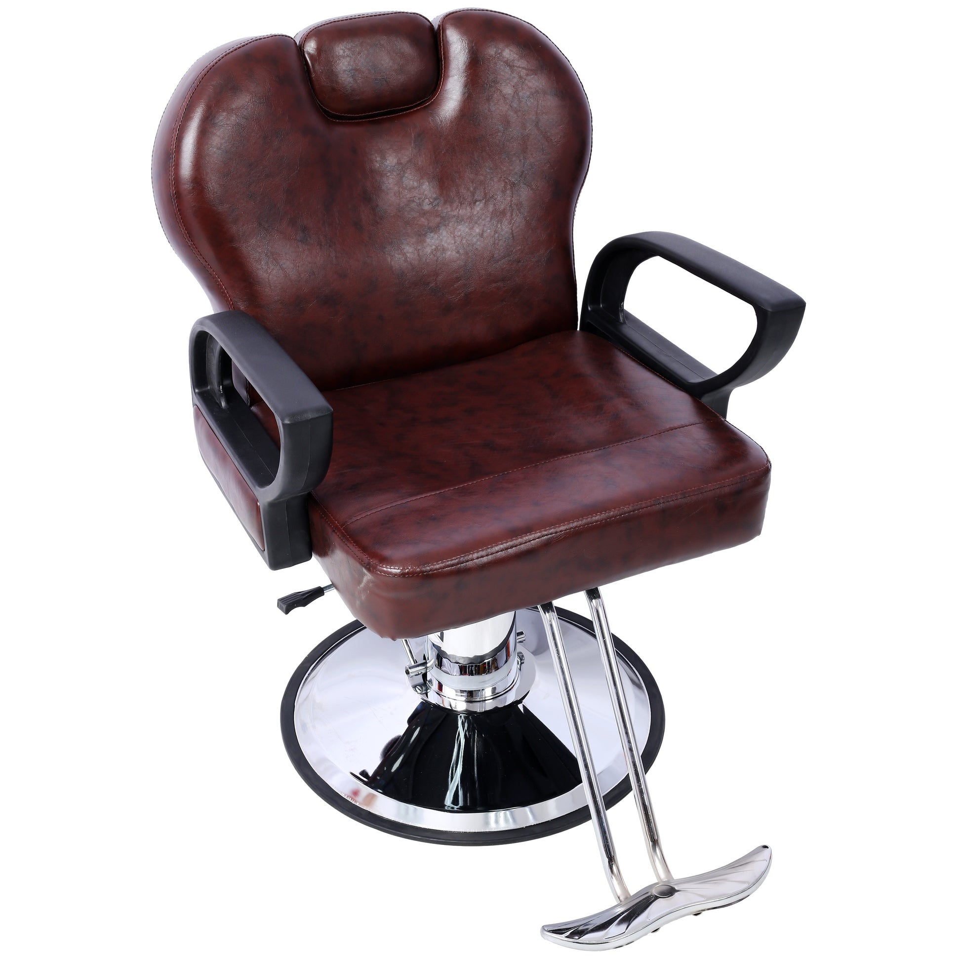 Brown leather salon chair with chrome base and adjustable footrest