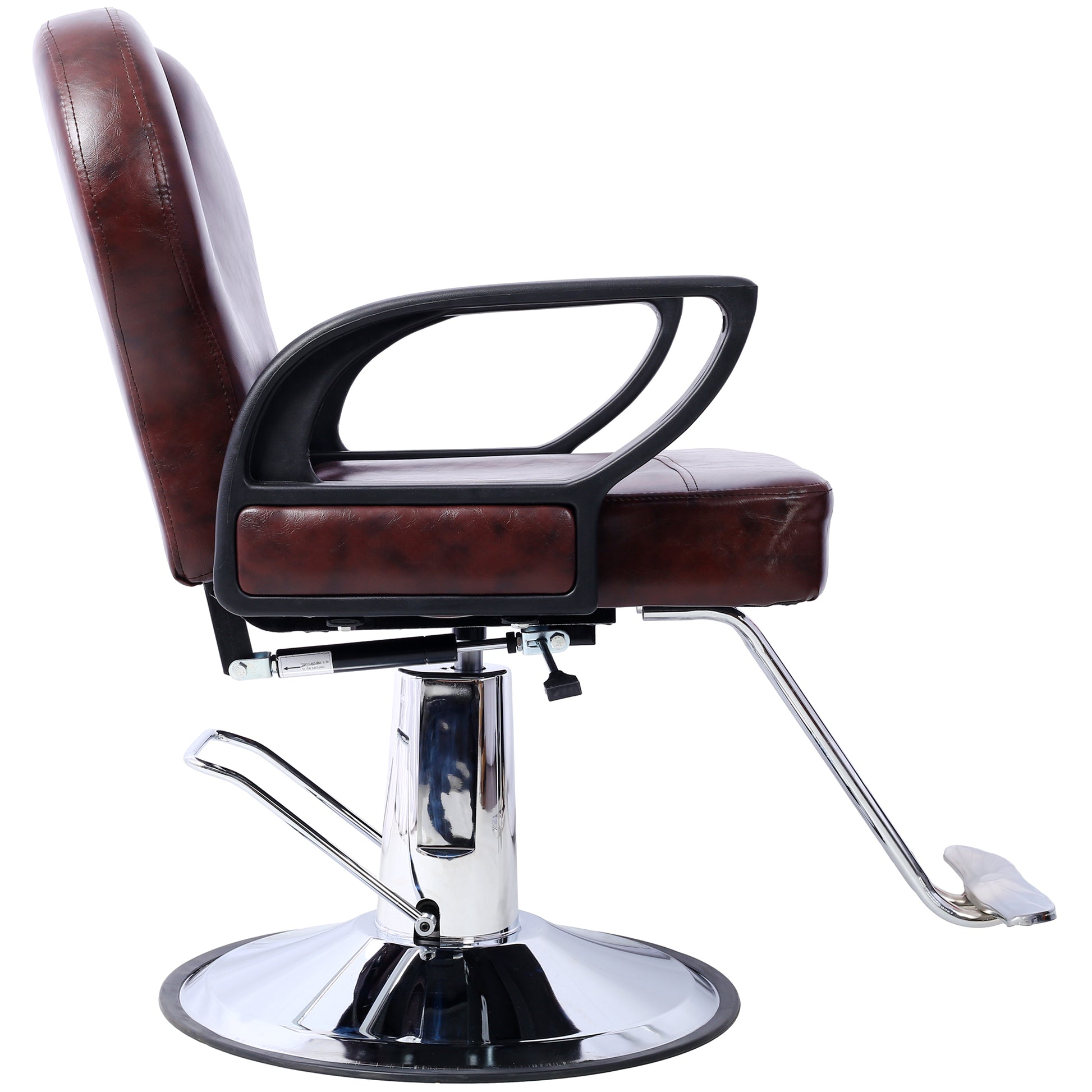 Brown leather salon chair with chrome base and adjustable footrest for barbershop use