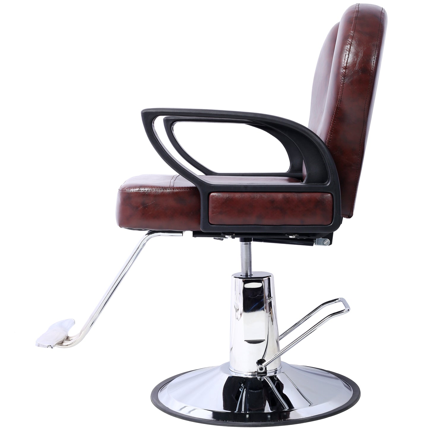 Brown leather hydraulic salon chair with chrome base and footrest