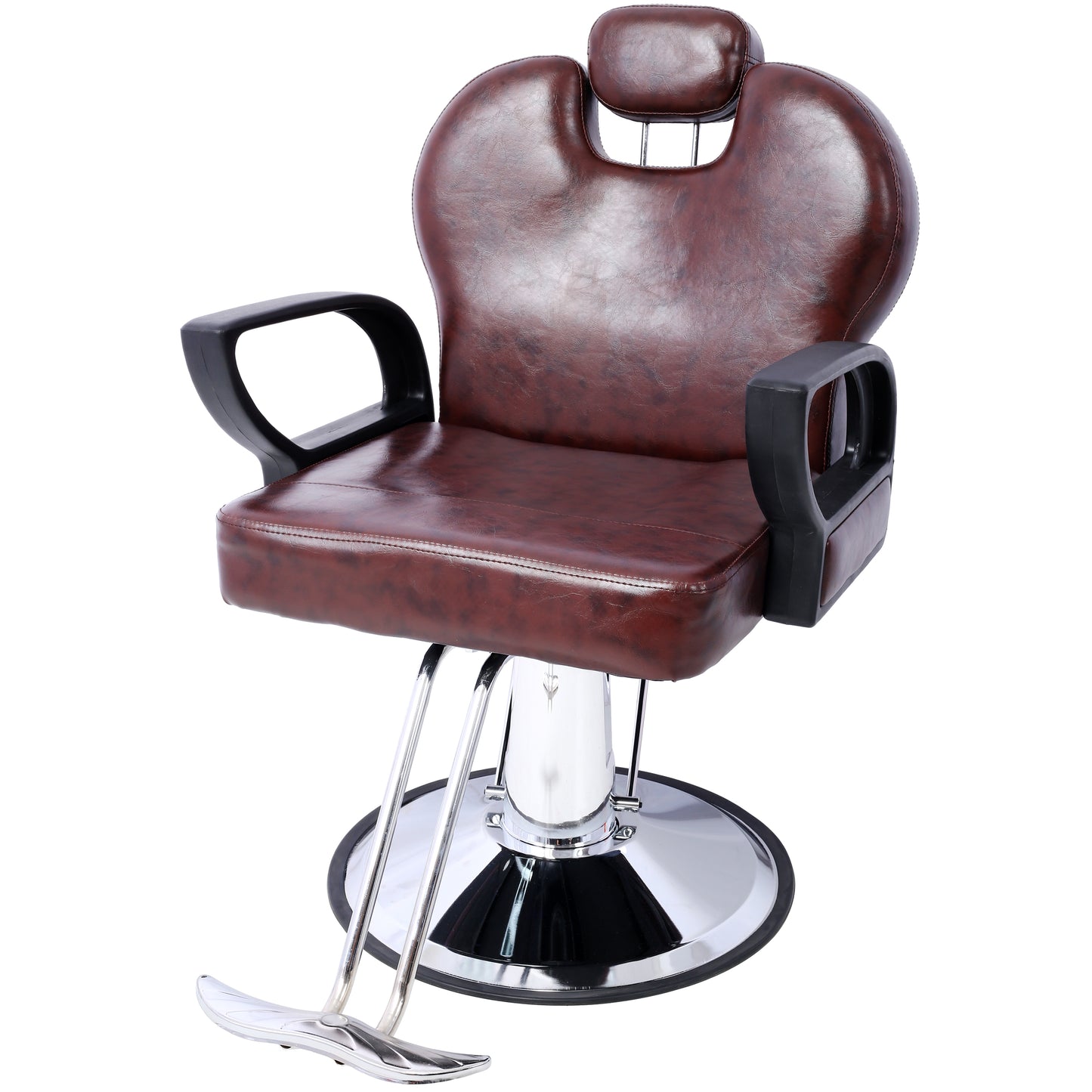 Brown faux leather salon barber chair with chrome base and adjustable footrest