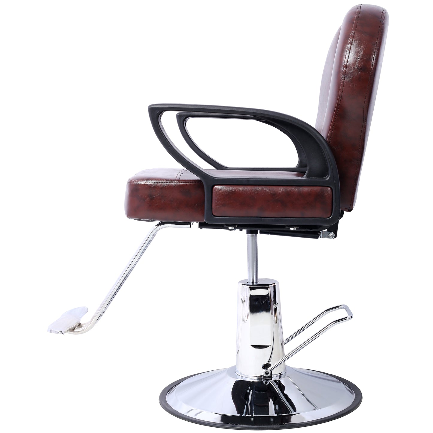 Adjustable brown leather hydraulic barber chair with chrome base