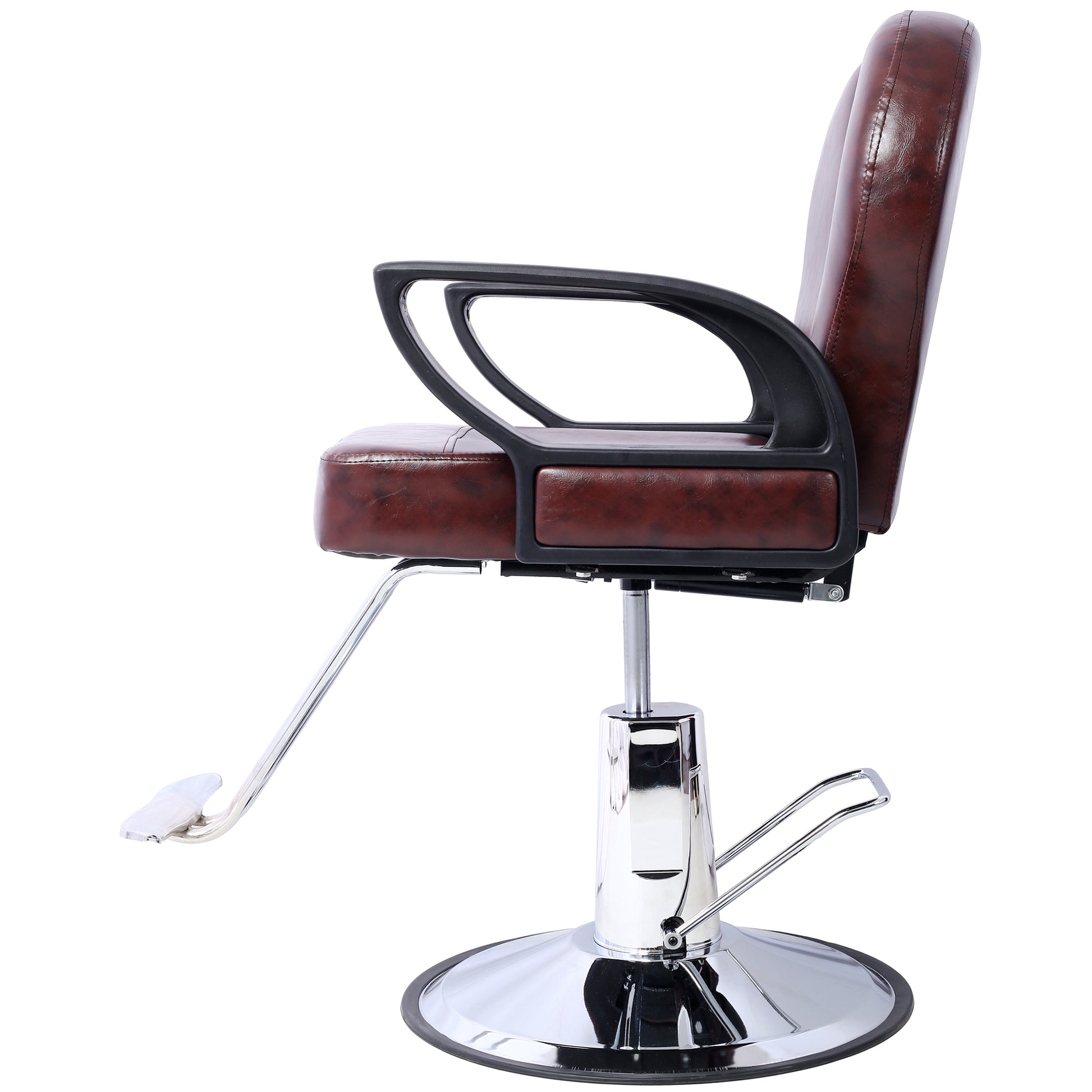 Adjustable brown leather hydraulic barber chair with chrome base