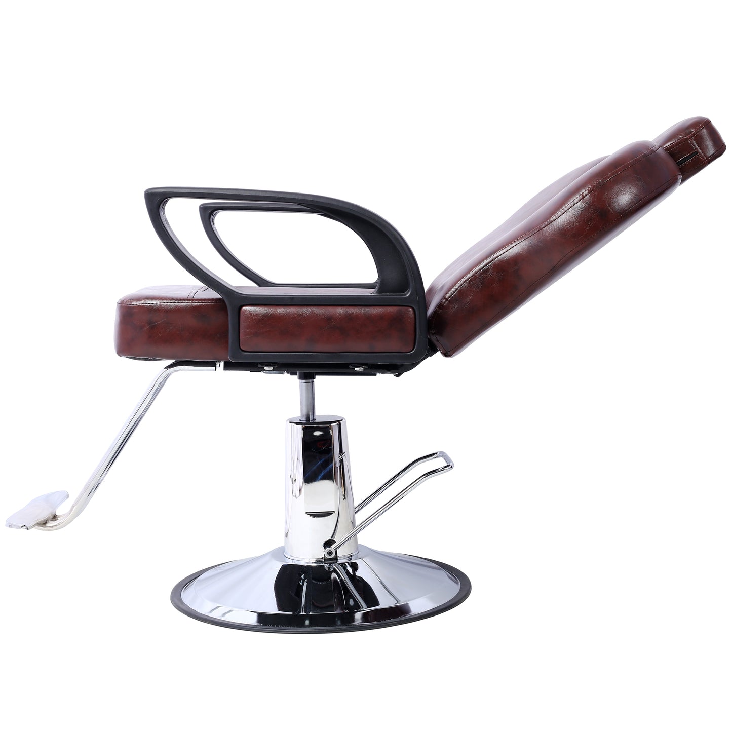 Brown leather salon chair with adjustable height and reclining backrest