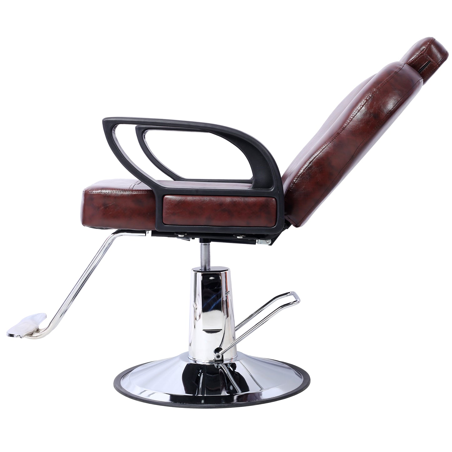 Dark brown leather barber chair with adjustable height and chrome base