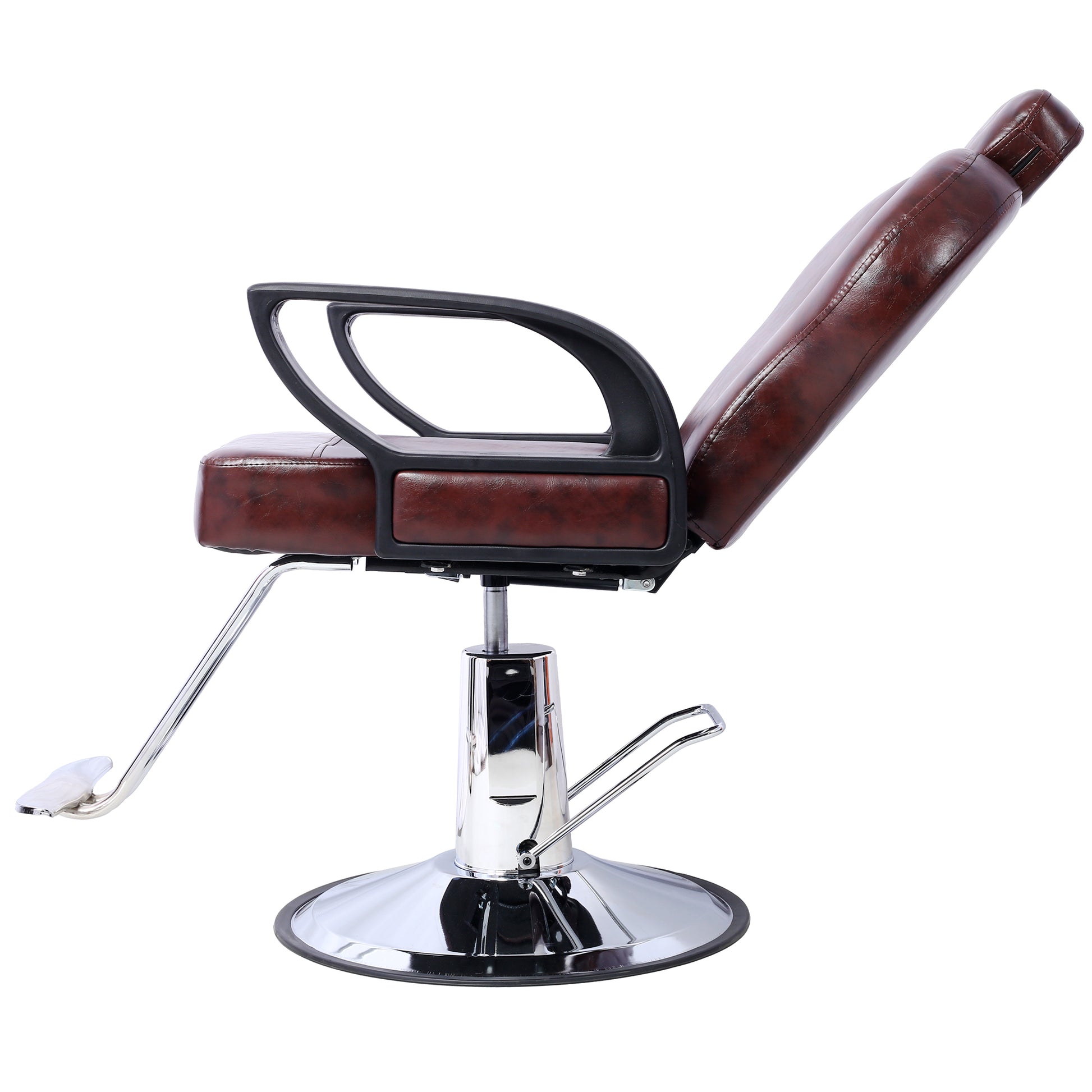 Dark brown leather barber chair with adjustable height and chrome base