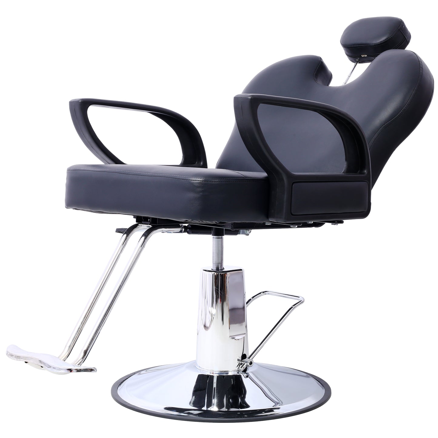 Black hydraulic barber chair with adjustable headrest and chrome base