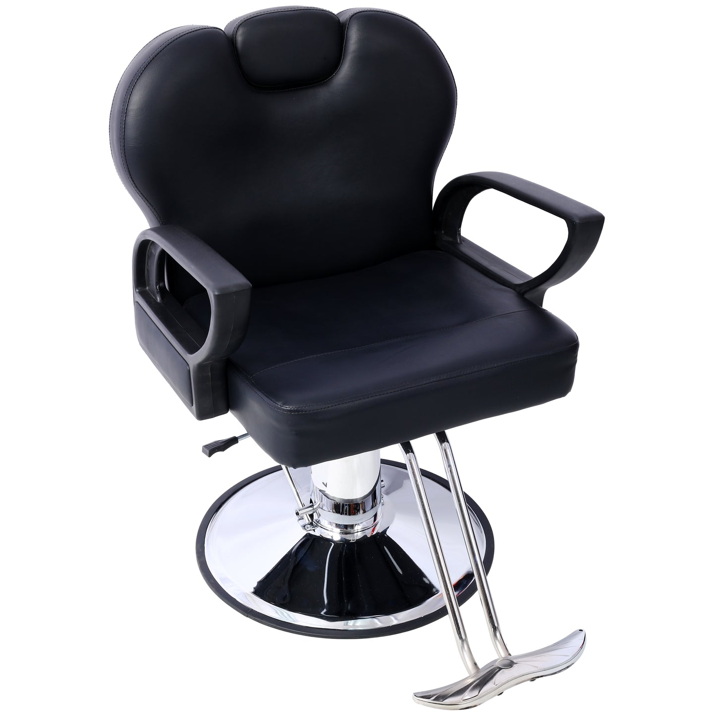 Black hydraulic barber chair with adjustable height and footrest for professional salon use